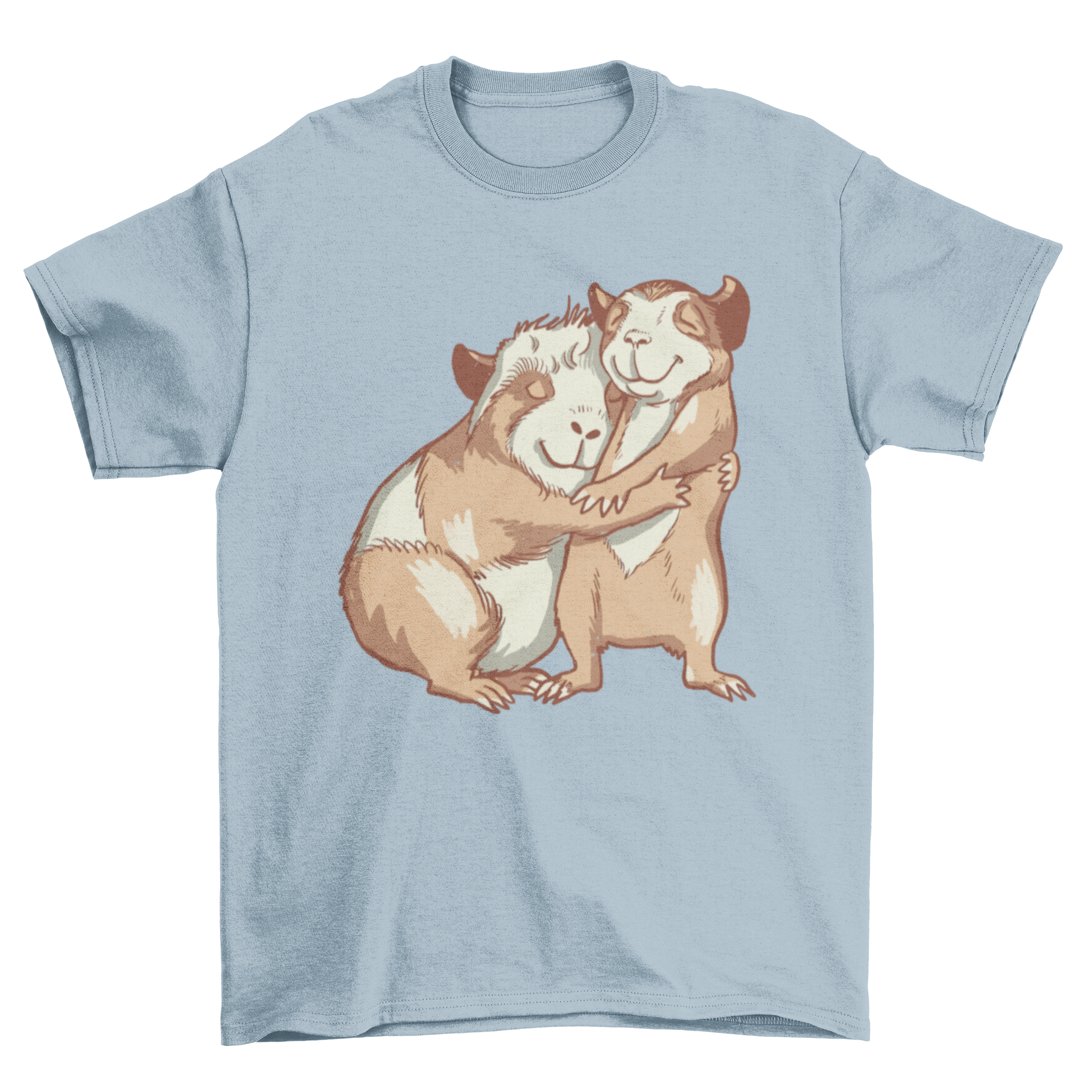 A cute t-shirt featuring two happy guinea pigs hugging each other, showcasing a colorful and cheerful design.