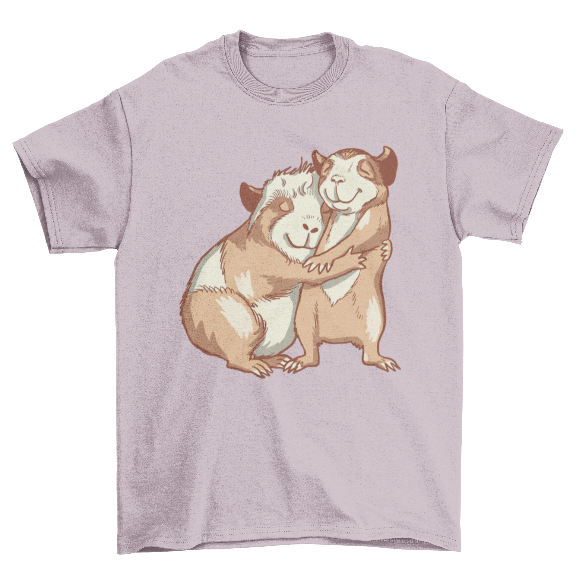 A cute t-shirt featuring two happy guinea pigs hugging each other, showcasing a colorful and cheerful design.