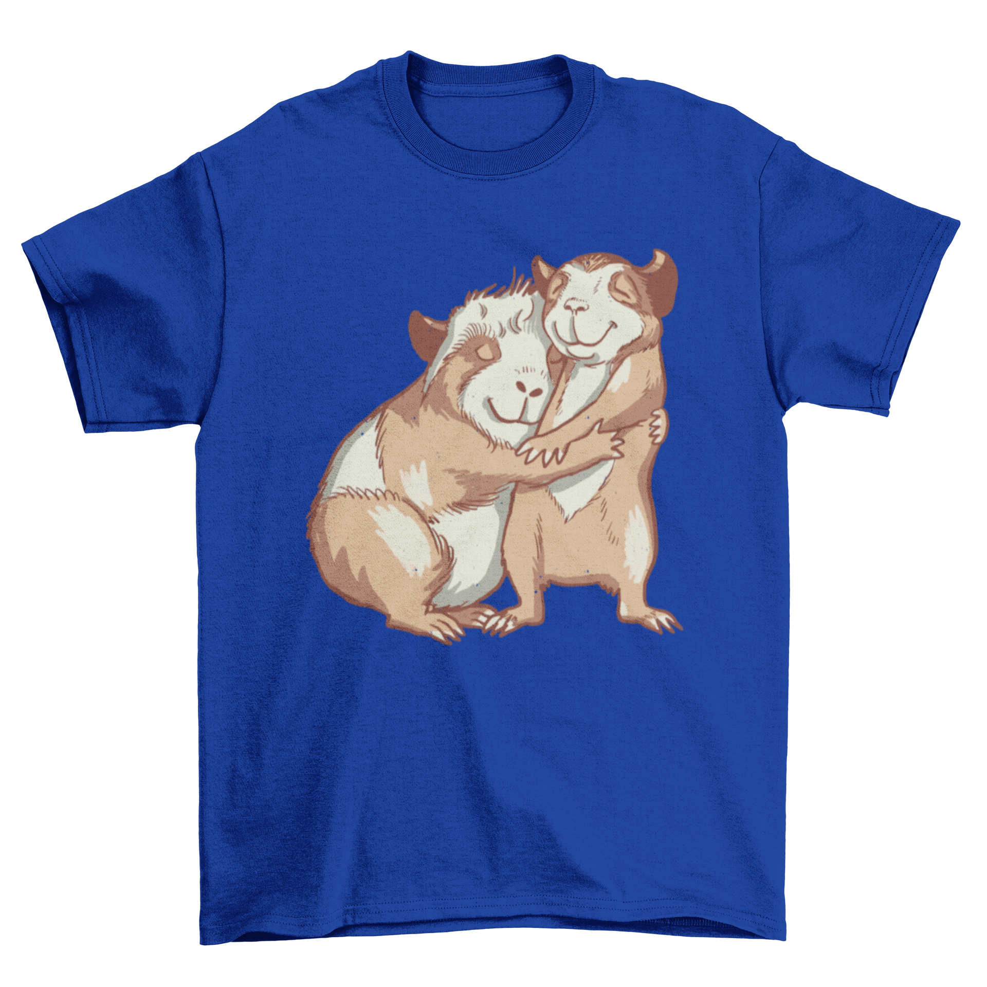 A cute t-shirt featuring two happy guinea pigs hugging each other, showcasing a colorful and cheerful design.