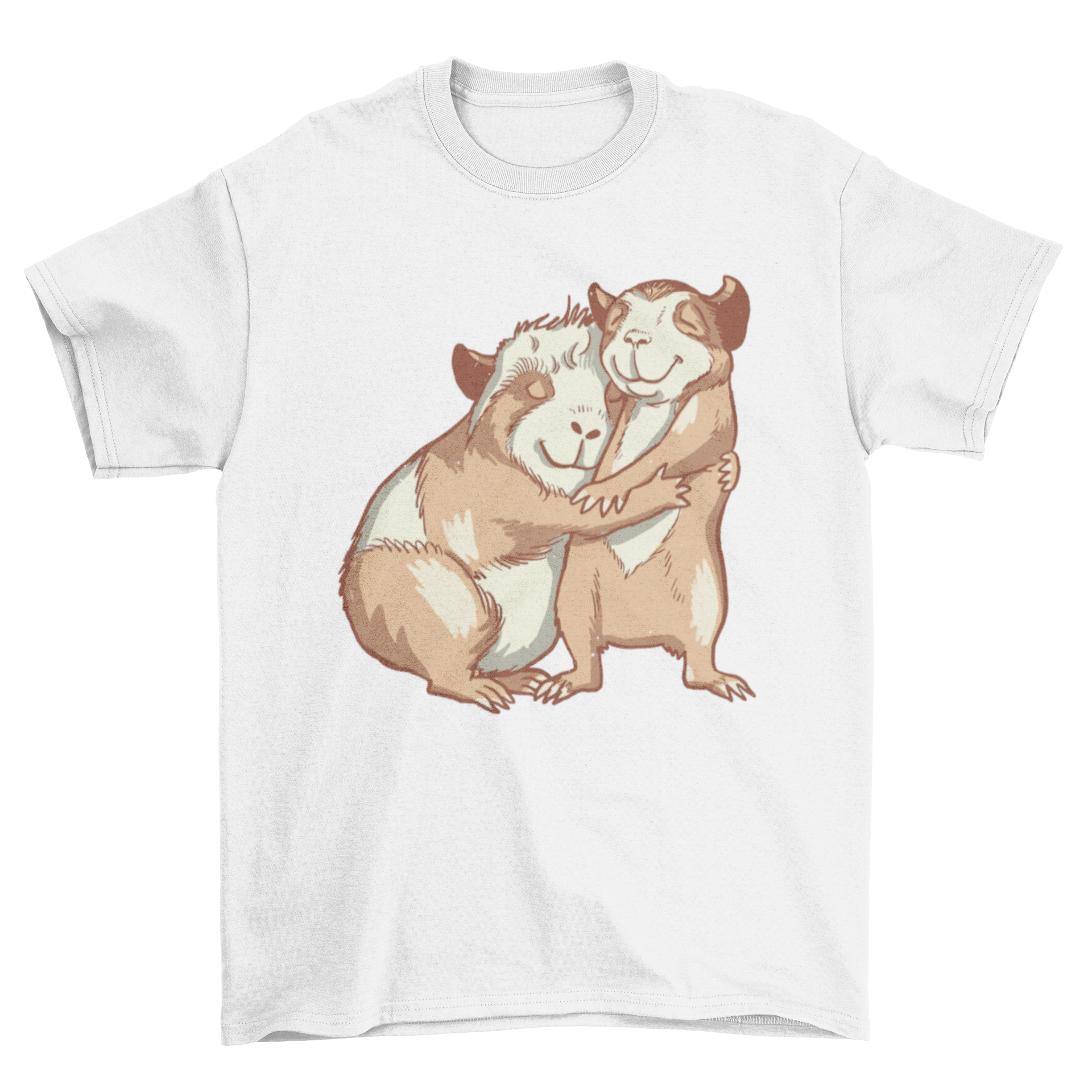 A cute t-shirt featuring two happy guinea pigs hugging each other, showcasing a colorful and cheerful design.