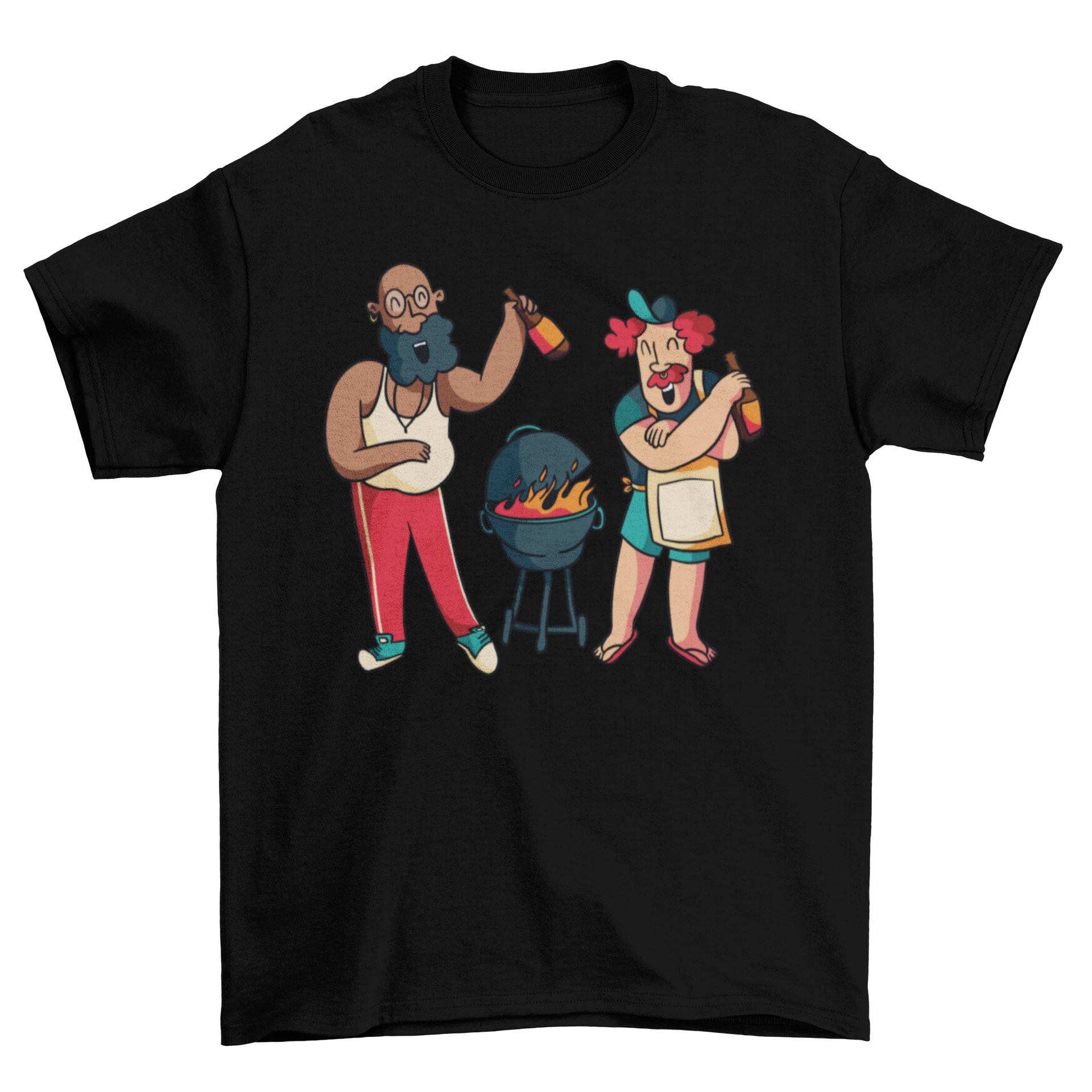 Happy Guys Cooking Grill T-Shirt featuring two men grilling with bottles in hand, showcasing a fun and vibrant design.