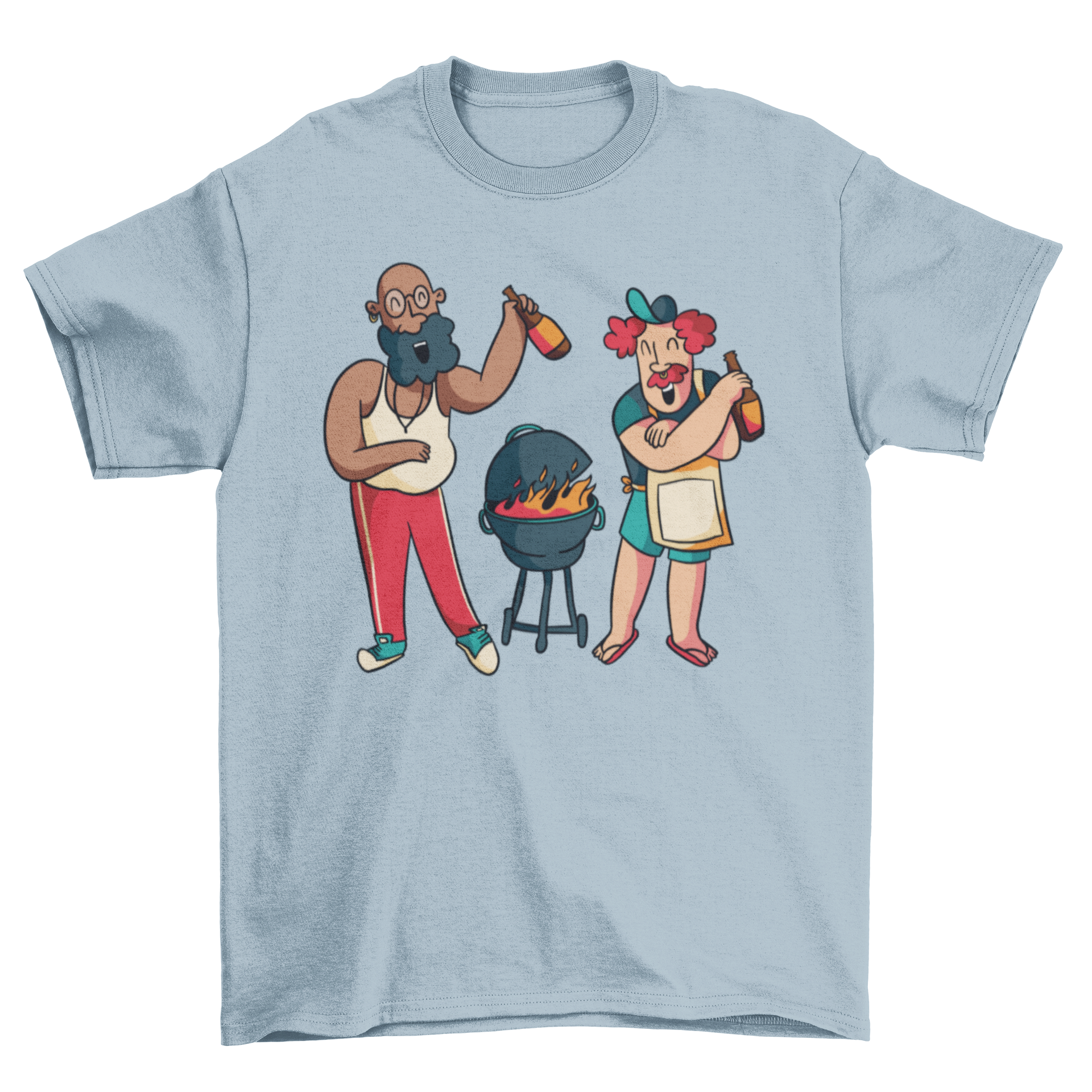 Happy Guys Cooking Grill T-Shirt featuring two men grilling with bottles in hand, showcasing a fun and vibrant design.