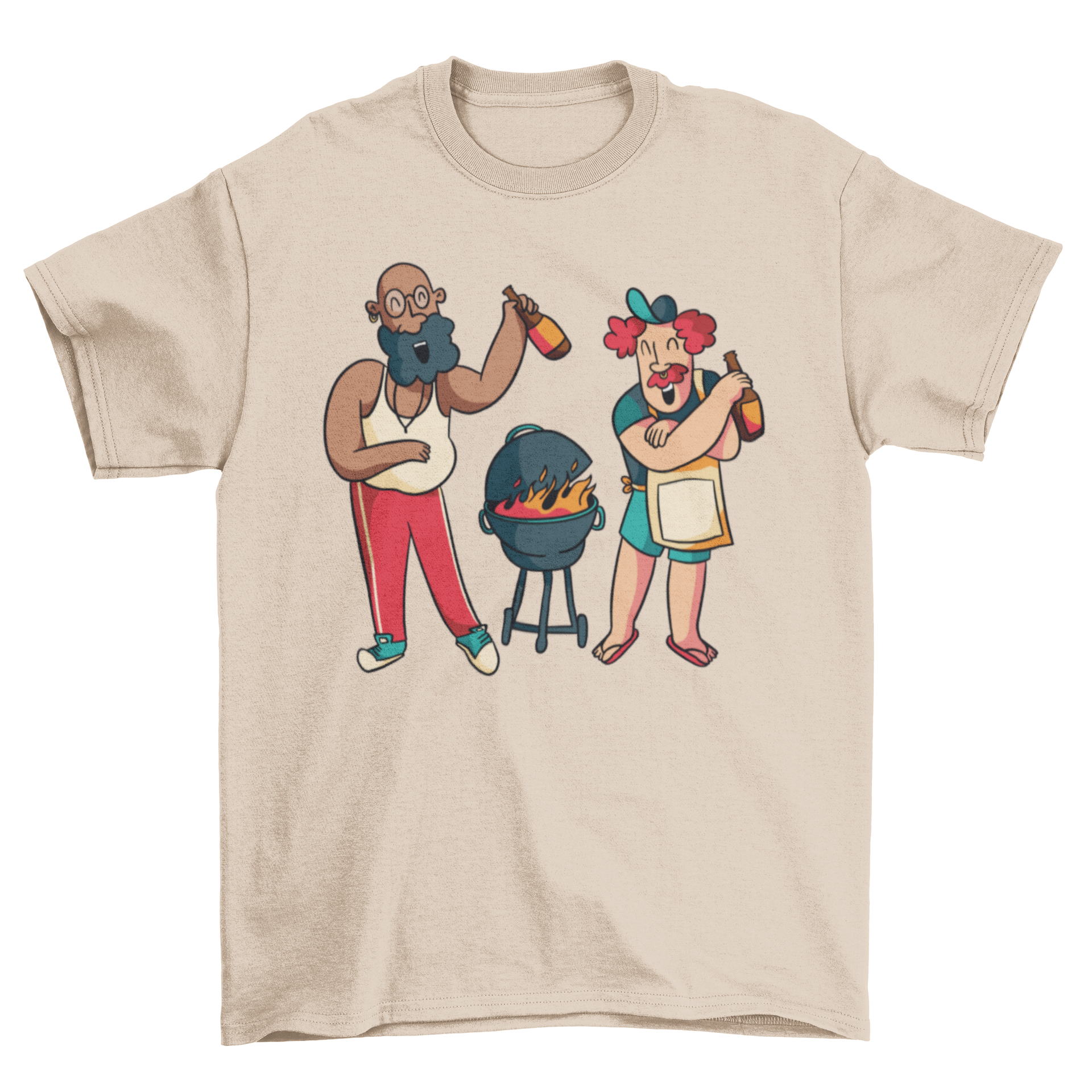 Happy Guys Cooking Grill T-Shirt featuring two men grilling with bottles in hand, showcasing a fun and vibrant design.