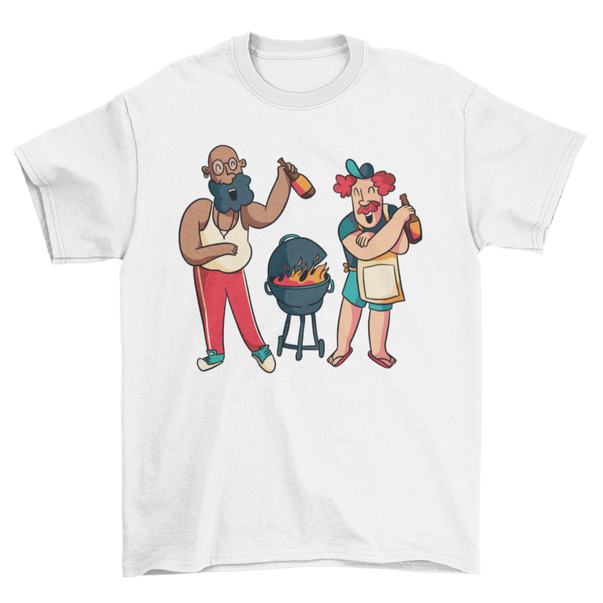 Happy Guys Cooking Grill T-Shirt featuring two men grilling with bottles in hand, showcasing a fun and vibrant design.