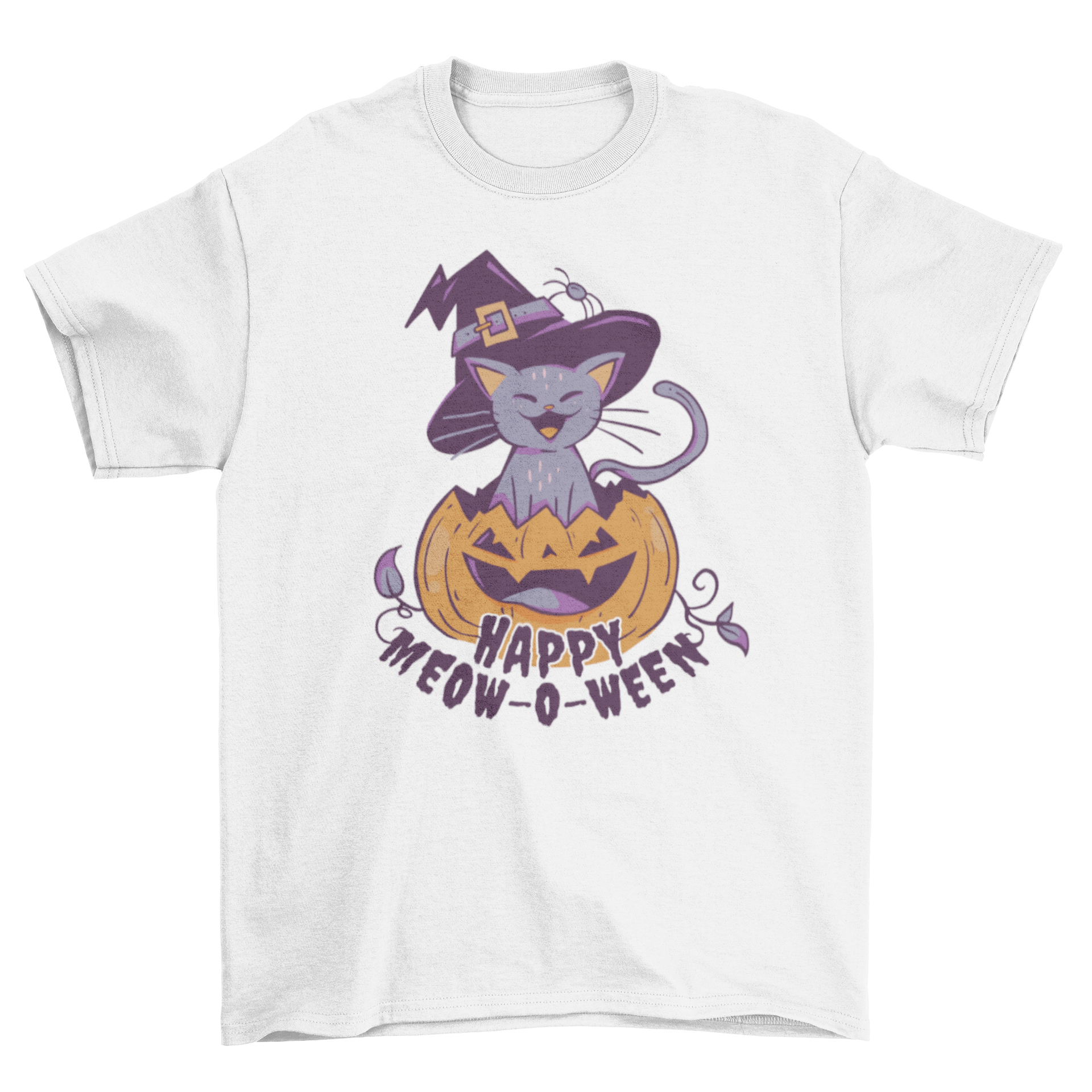 Happy Halloween cat t-shirt featuring a cat inside a carved pumpkin with the quote 'Happy meow-o-ween'.