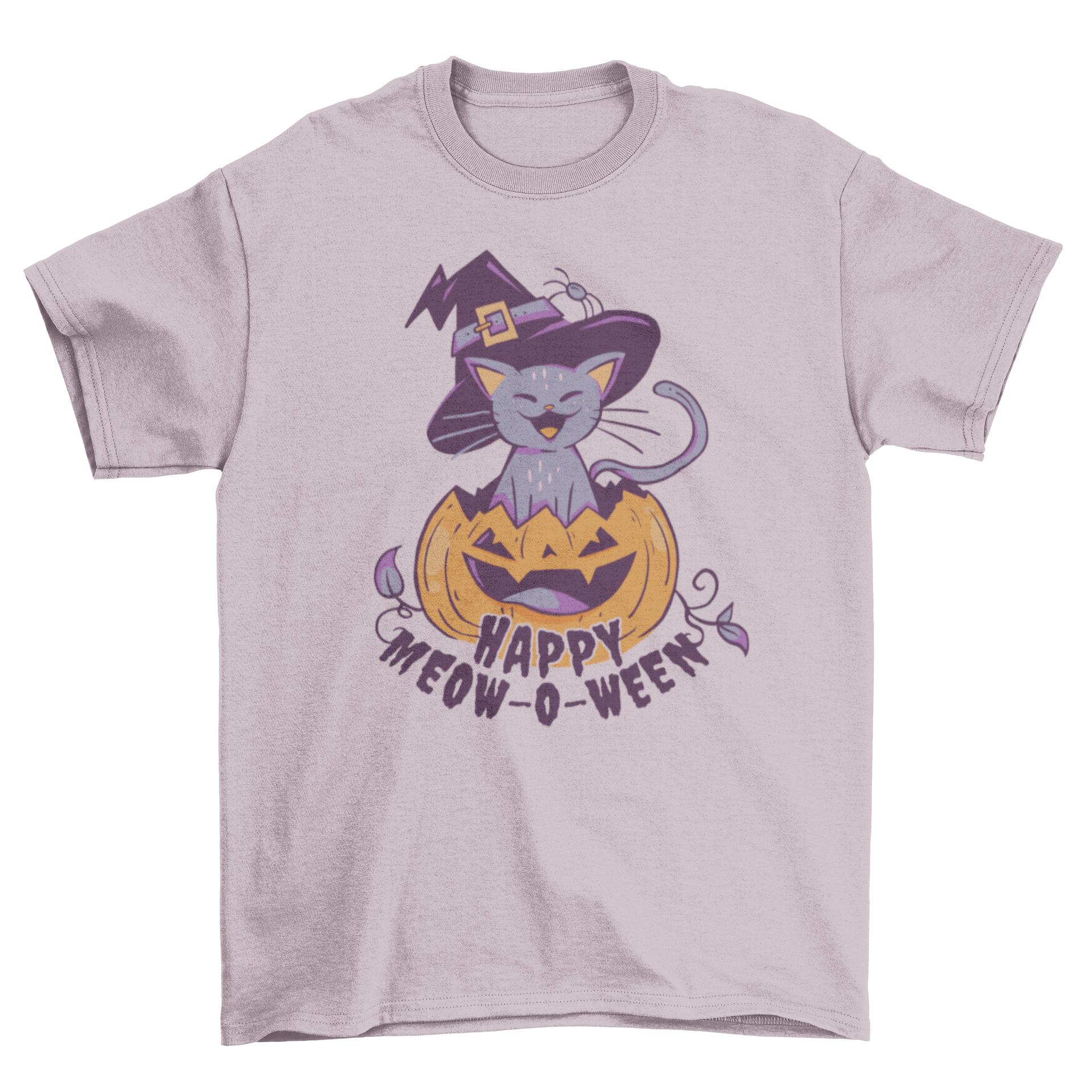 Happy Halloween cat t-shirt featuring a cat inside a carved pumpkin with the quote 'Happy meow-o-ween'.