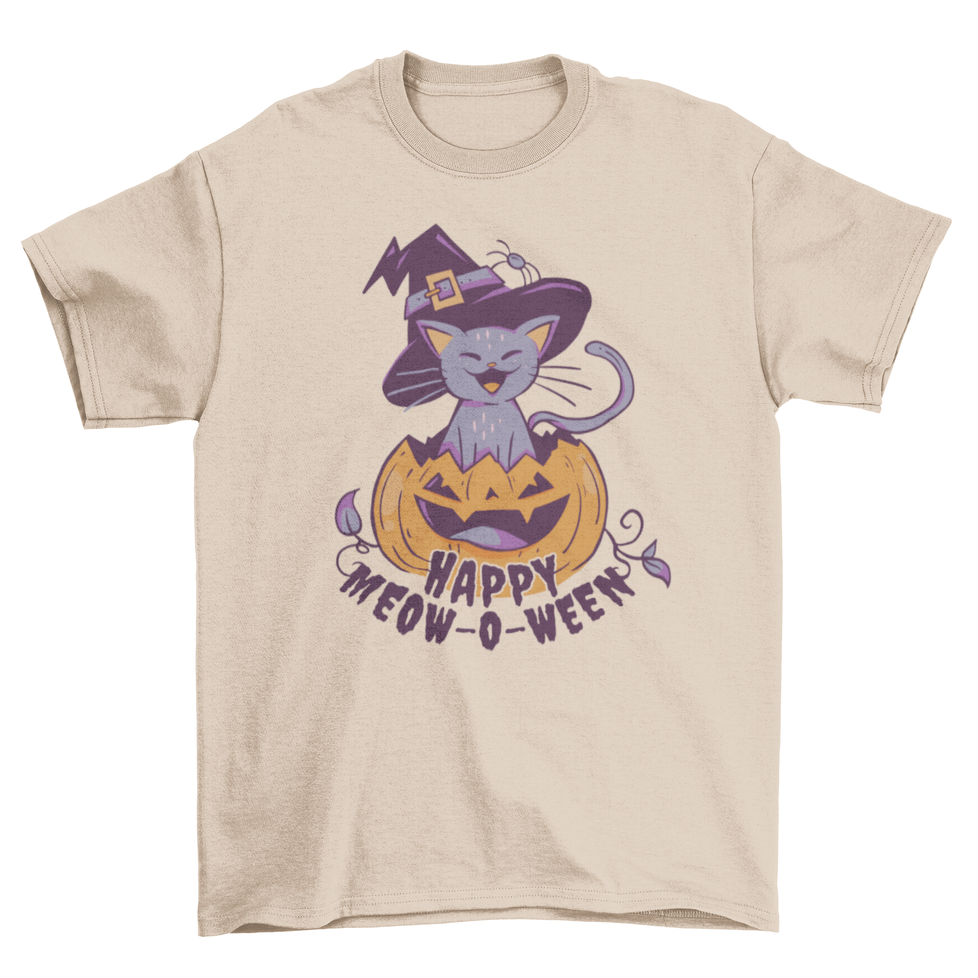 Happy Halloween cat t-shirt featuring a cat inside a carved pumpkin with the quote 'Happy meow-o-ween'.