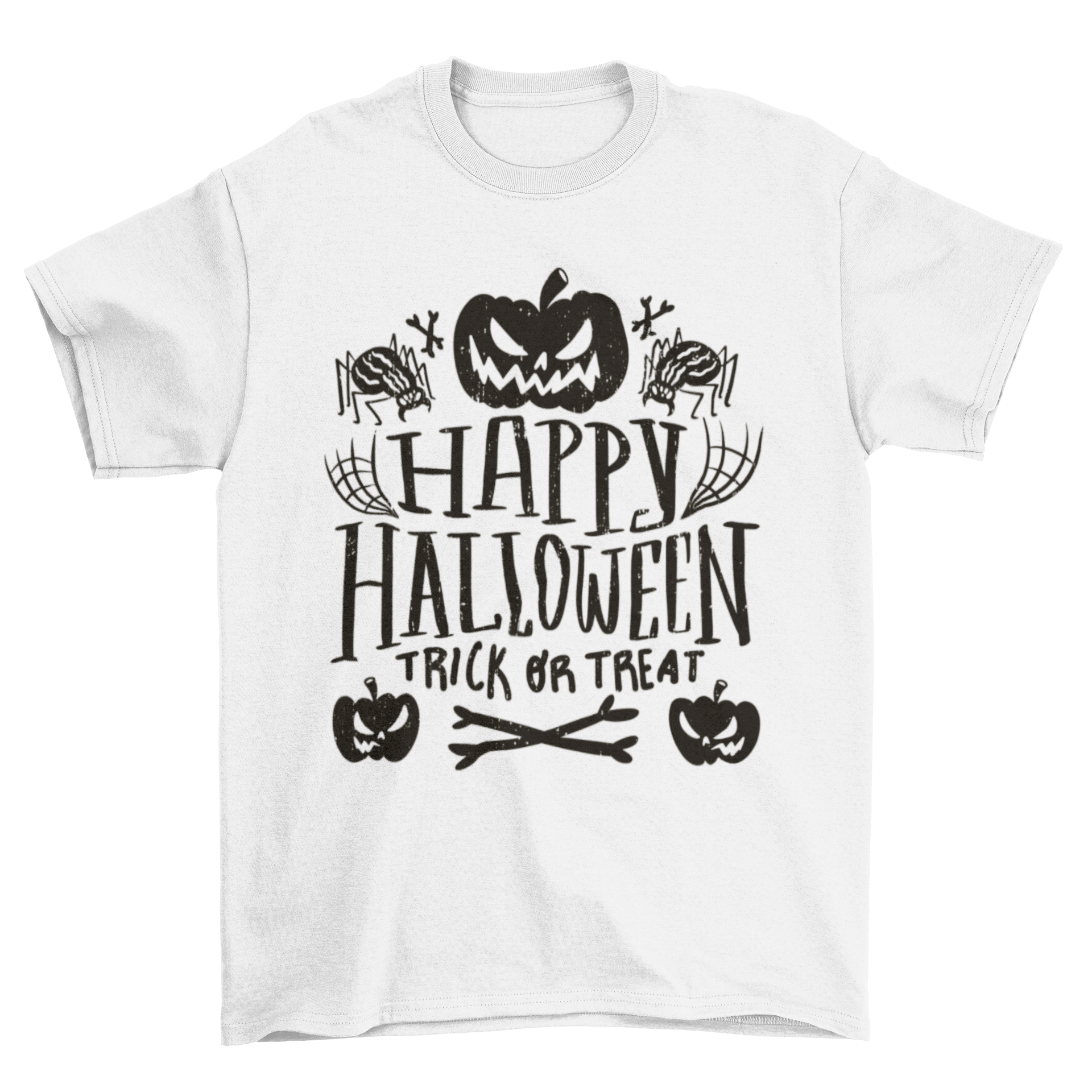 Happy Halloween holiday t-shirt featuring jack o'lanterns and spiders with the quote 'Happy Halloween: trick or treat'.