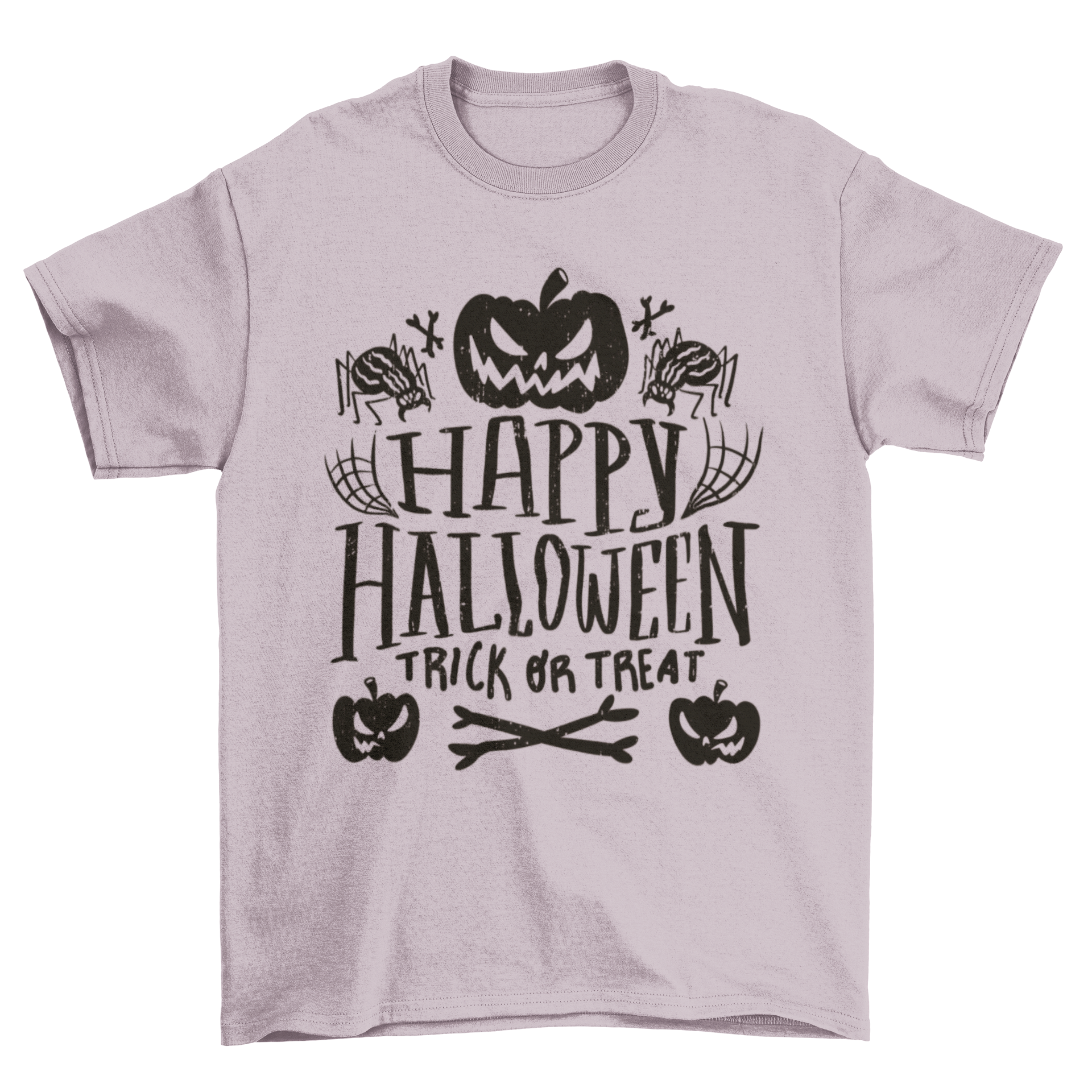 Happy Halloween holiday t-shirt featuring jack o'lanterns and spiders with the quote 'Happy Halloween: trick or treat'.