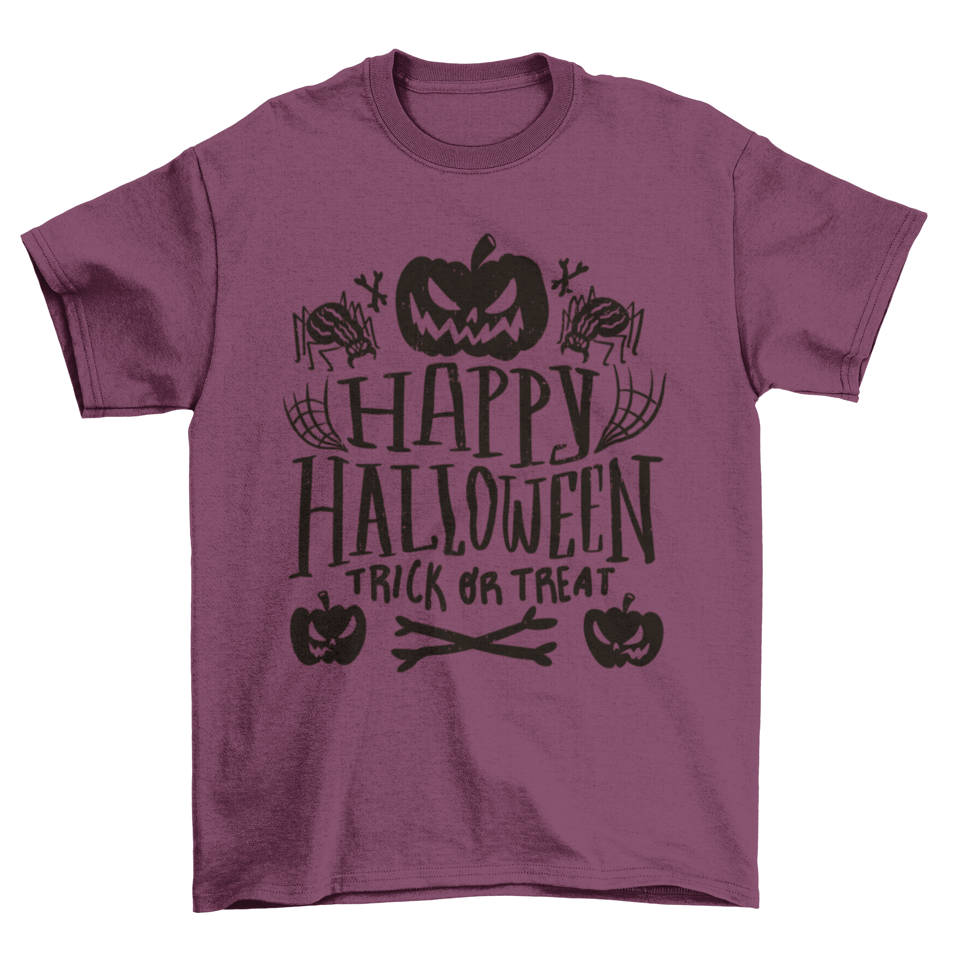 Happy Halloween holiday t-shirt featuring jack o'lanterns and spiders with the quote 'Happy Halloween: trick or treat'.