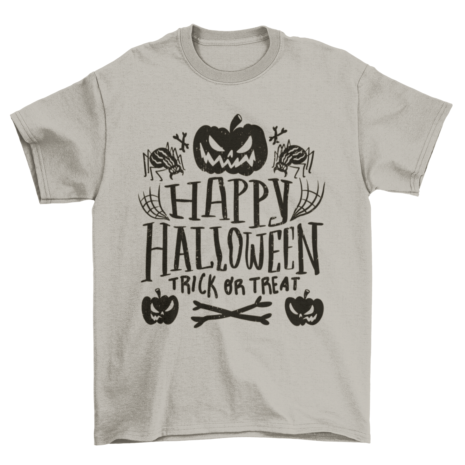 Happy Halloween holiday t-shirt featuring jack o'lanterns and spiders with the quote 'Happy Halloween: trick or treat'.