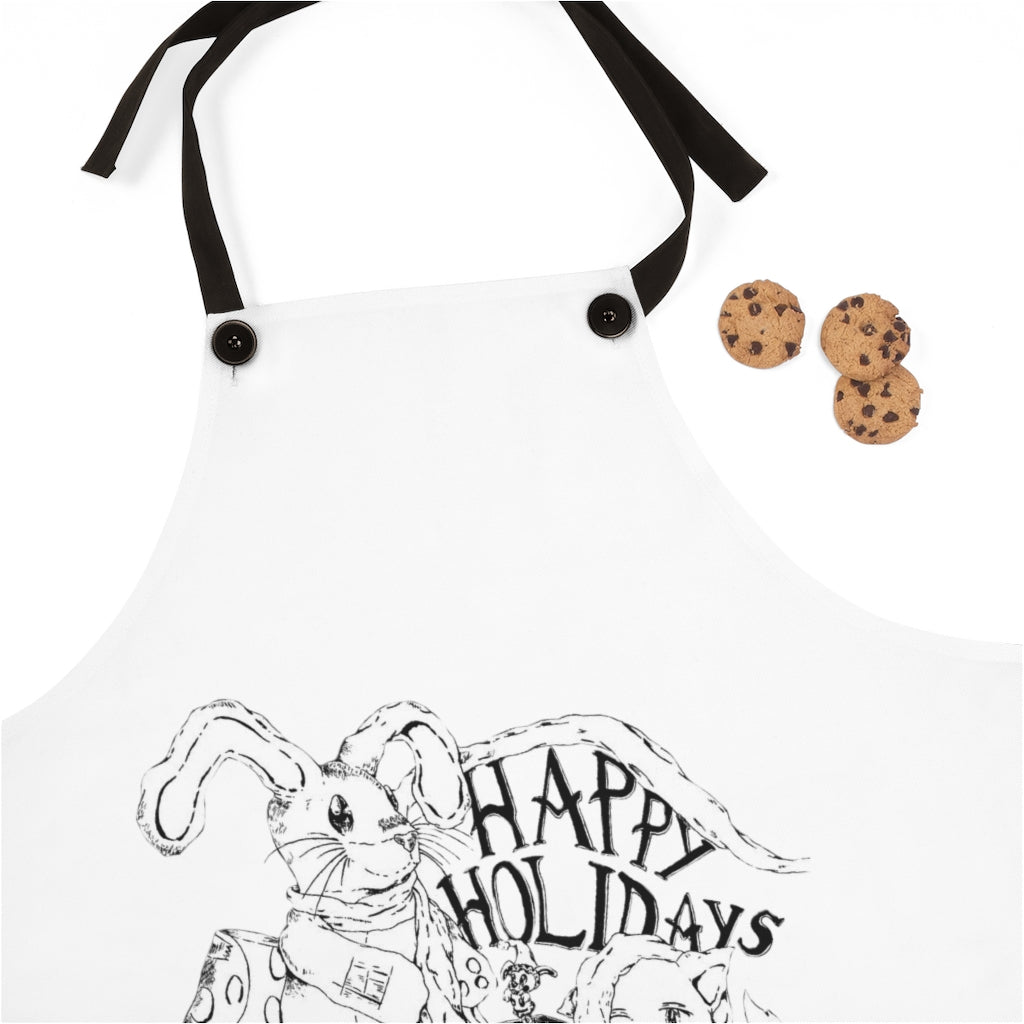 Happy Holidays Apron featuring a stylish design with black detachable twill straps, perfect for cooking and backyard gatherings.