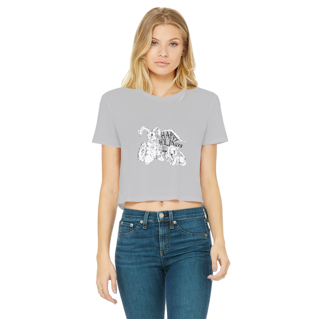 Happy Holiday's Classic Women's Cropped Raw Edge T-Shirt featuring a round neck, short sleeves, and a trendy raw edge hem in various colors.