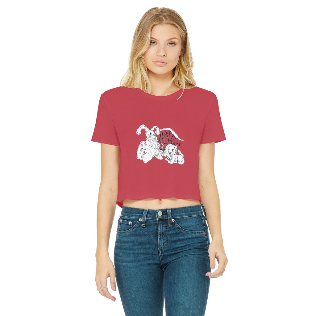 Happy Holiday's Classic Women's Cropped Raw Edge T-Shirt featuring a round neck, short sleeves, and a trendy raw edge hem in various colors.