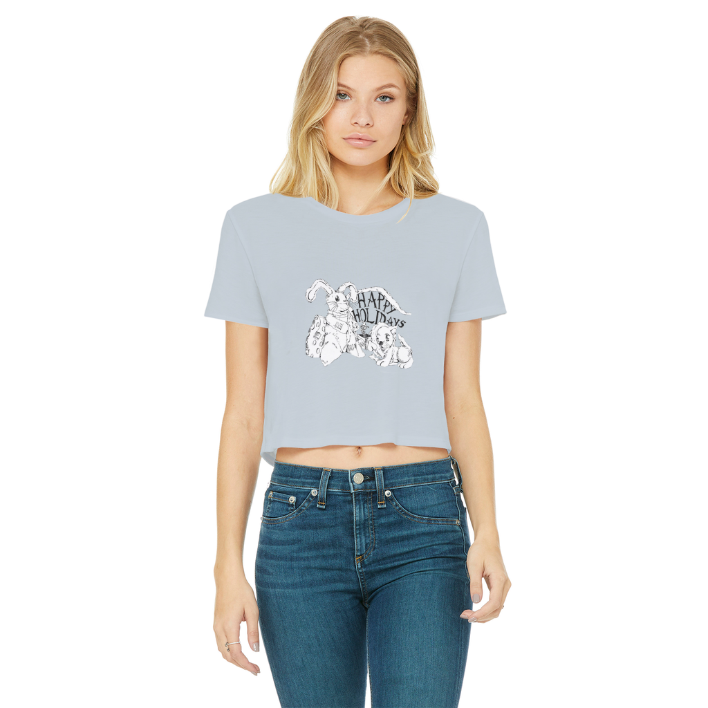 Happy Holiday's Classic Women's Cropped Raw Edge T-Shirt featuring a round neck, short sleeves, and a trendy raw edge hem in various colors.