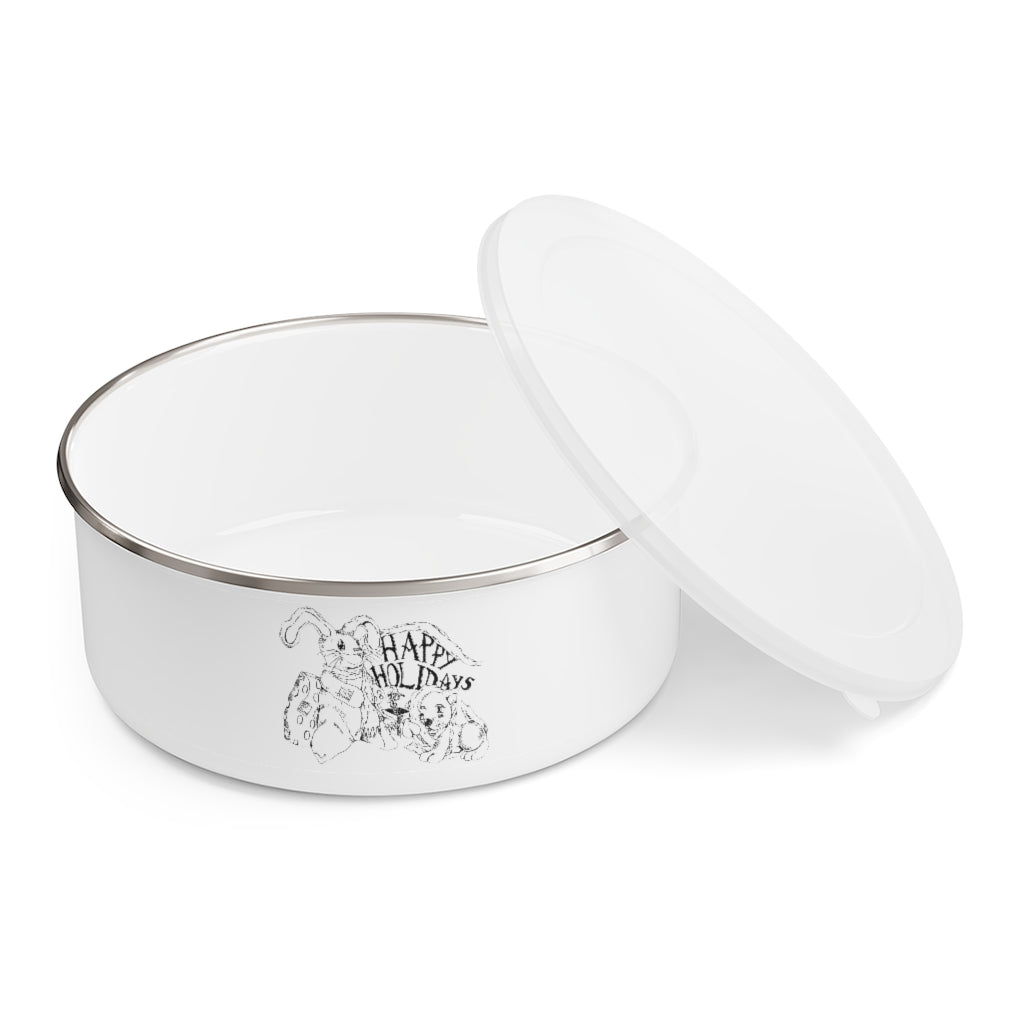 Happy Holiday's Enamel Bowl made of stainless steel with a translucent lid, featuring a stylish design and anti-slip backing.