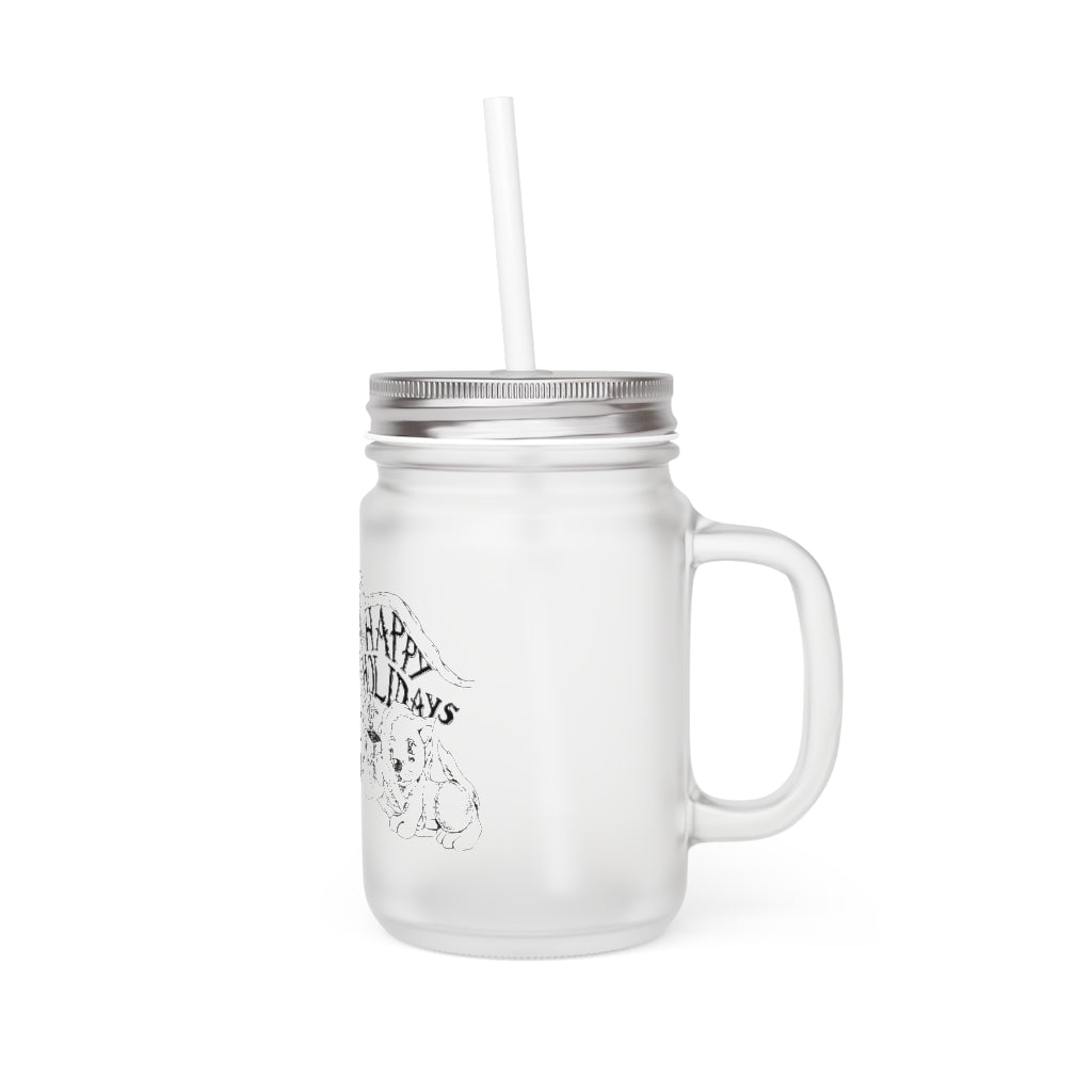 A stylish Happy Holiday's Mason Jar made of frosted glass, featuring a straw and lid, perfect for personalized drinks.