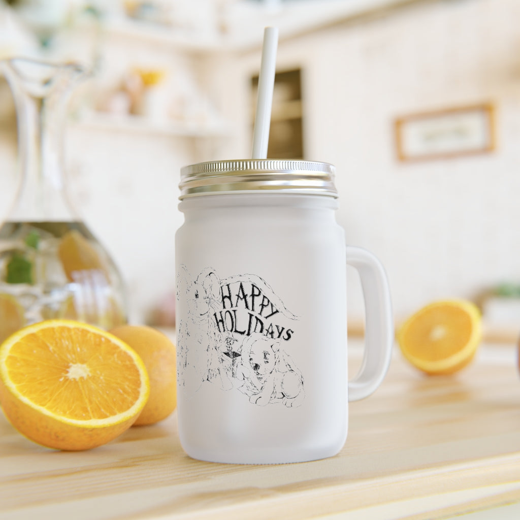 A stylish Happy Holiday's Mason Jar made of frosted glass, featuring a straw and lid, perfect for personalized drinks.