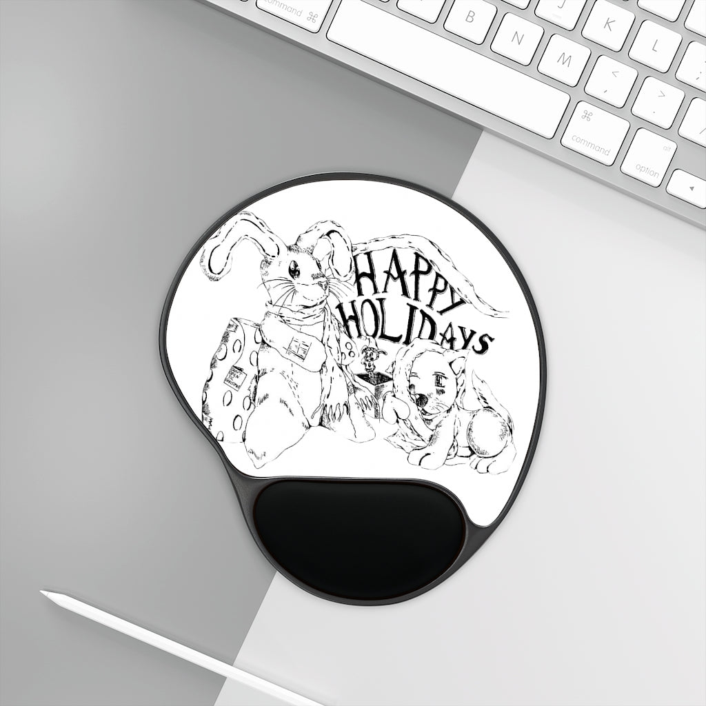 Happy Holiday's Mouse Pad featuring a Memory Foam wrist rest, foot-shaped design, and custom-printed neoprene insert.