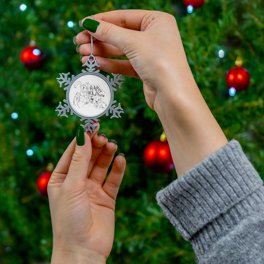 Happy Holiday's Pewter Snowflake Ornament with silver-toned hanging string, showcasing intricate snowflake design.