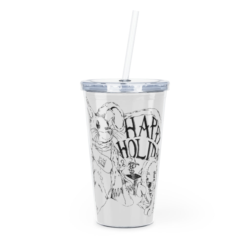 Happy Holiday's Plastic Tumbler with Straw, featuring a customizable design and double wall insulation, perfect for drinks at events.