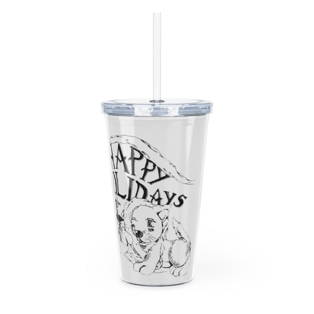 Happy Holiday's Plastic Tumbler with Straw, featuring a customizable design and double wall insulation, perfect for drinks at events.