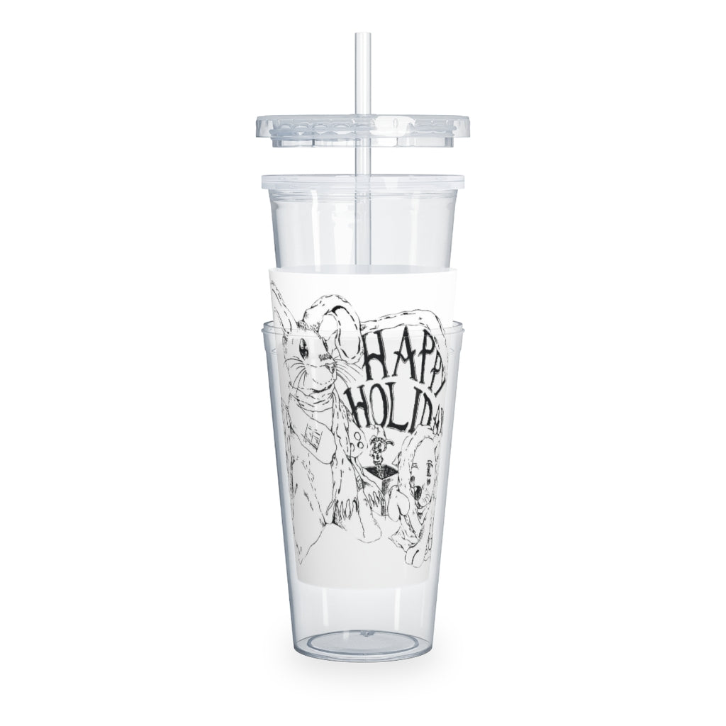 Happy Holiday's Plastic Tumbler with Straw, featuring a customizable design and double wall insulation, perfect for drinks at events.