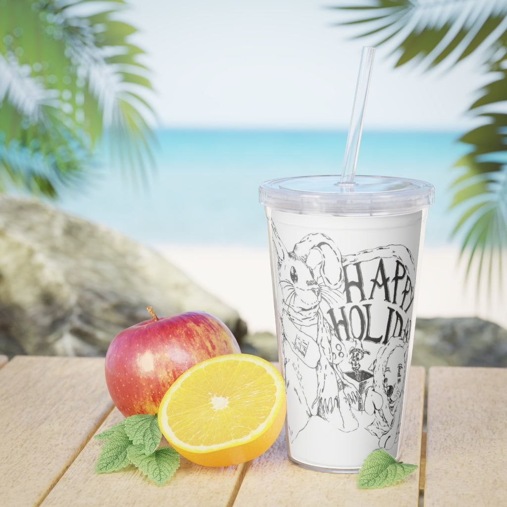 Happy Holiday's Plastic Tumbler with Straw, featuring a customizable design and double wall insulation, perfect for drinks at events.