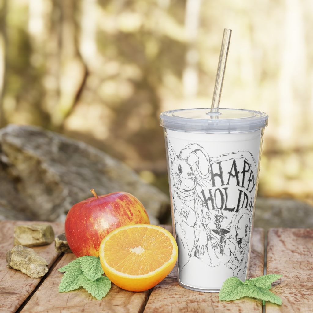 Happy Holiday's Plastic Tumbler with Straw, featuring a customizable design and double wall insulation, perfect for drinks at events.