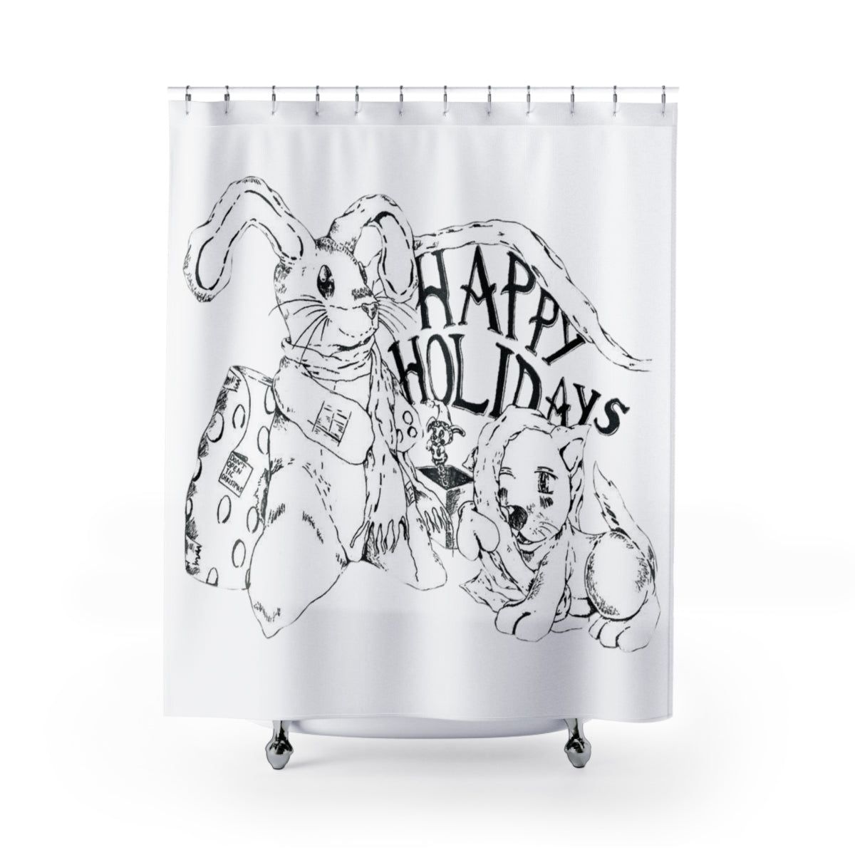 Happy Holidays Shower Curtain featuring vibrant colors and festive designs, made from durable polyester material.