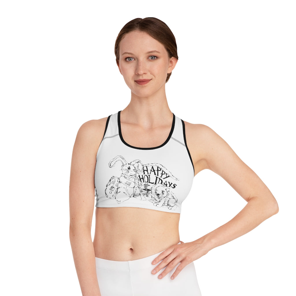 Happy Holiday's Sports Bra featuring a customizable all-over-print design, compression fit, and double-layer front for enhanced support.