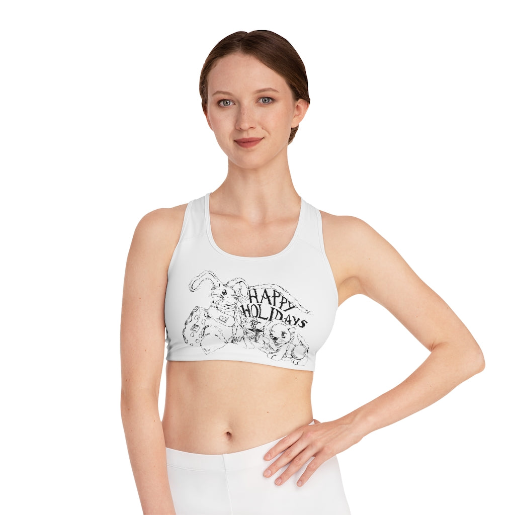 Happy Holiday's Sports Bra featuring a customizable all-over-print design, compression fit, and double-layer front for enhanced support.