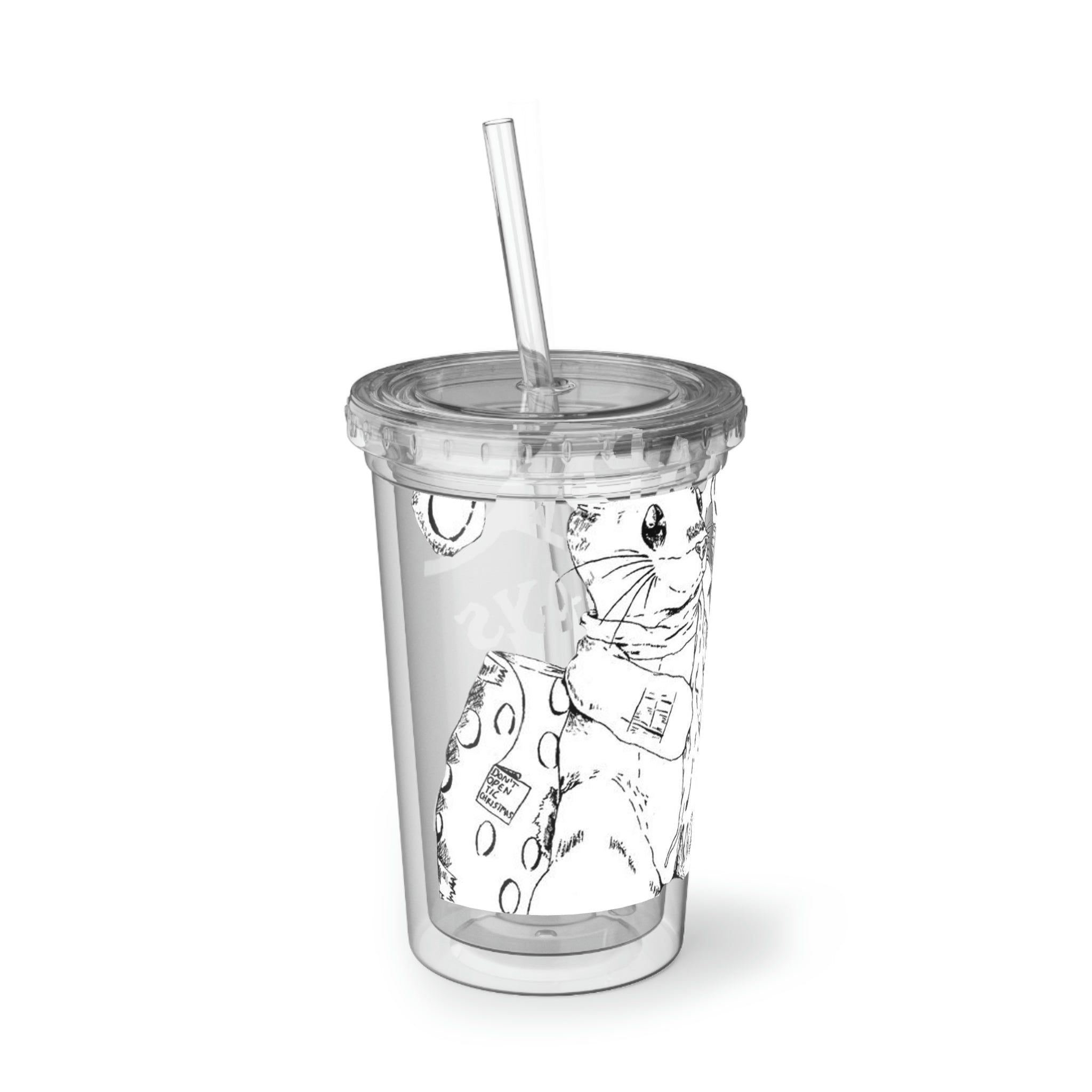 Happy Holidays Suave Acrylic Cup with double-wall insulation, featuring a vibrant design and a plastic lid with a straw.