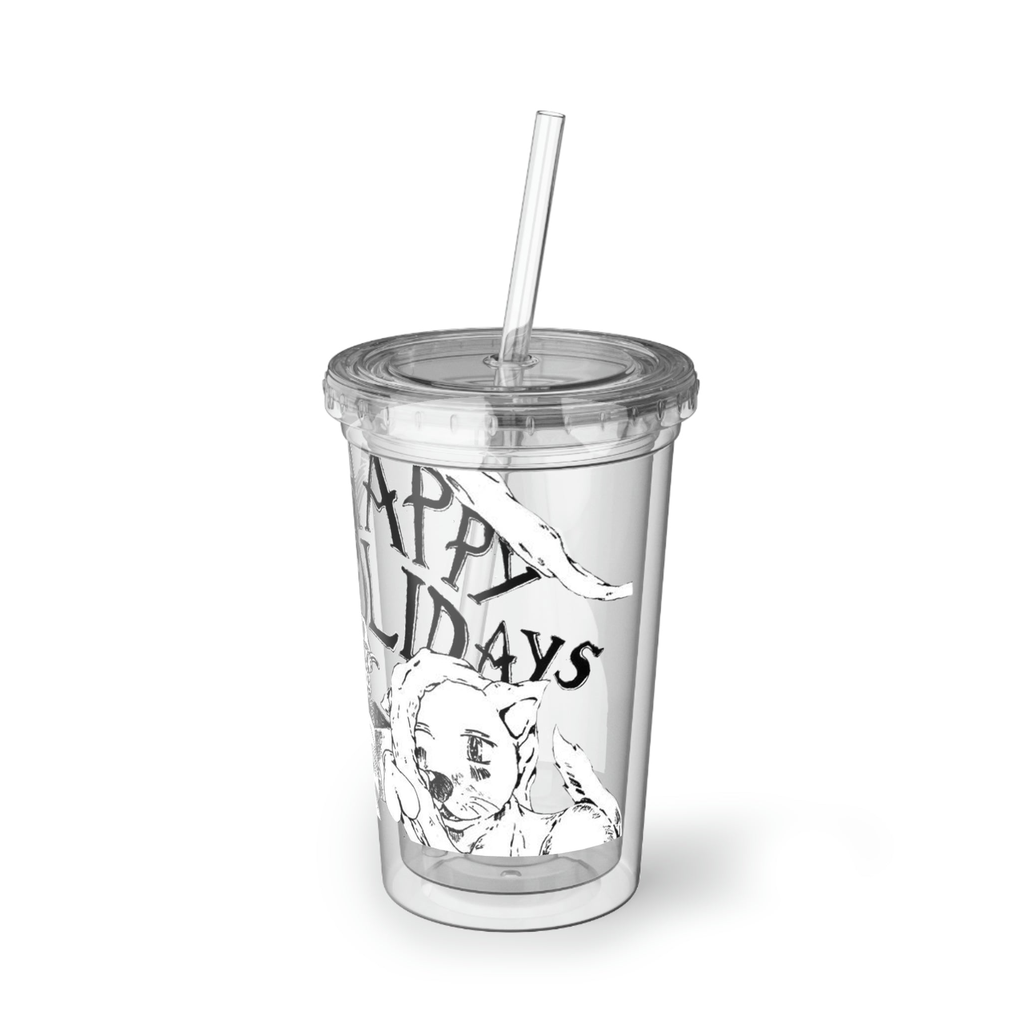 Happy Holidays Suave Acrylic Cup with double-wall insulation, featuring a vibrant design and a plastic lid with a straw.