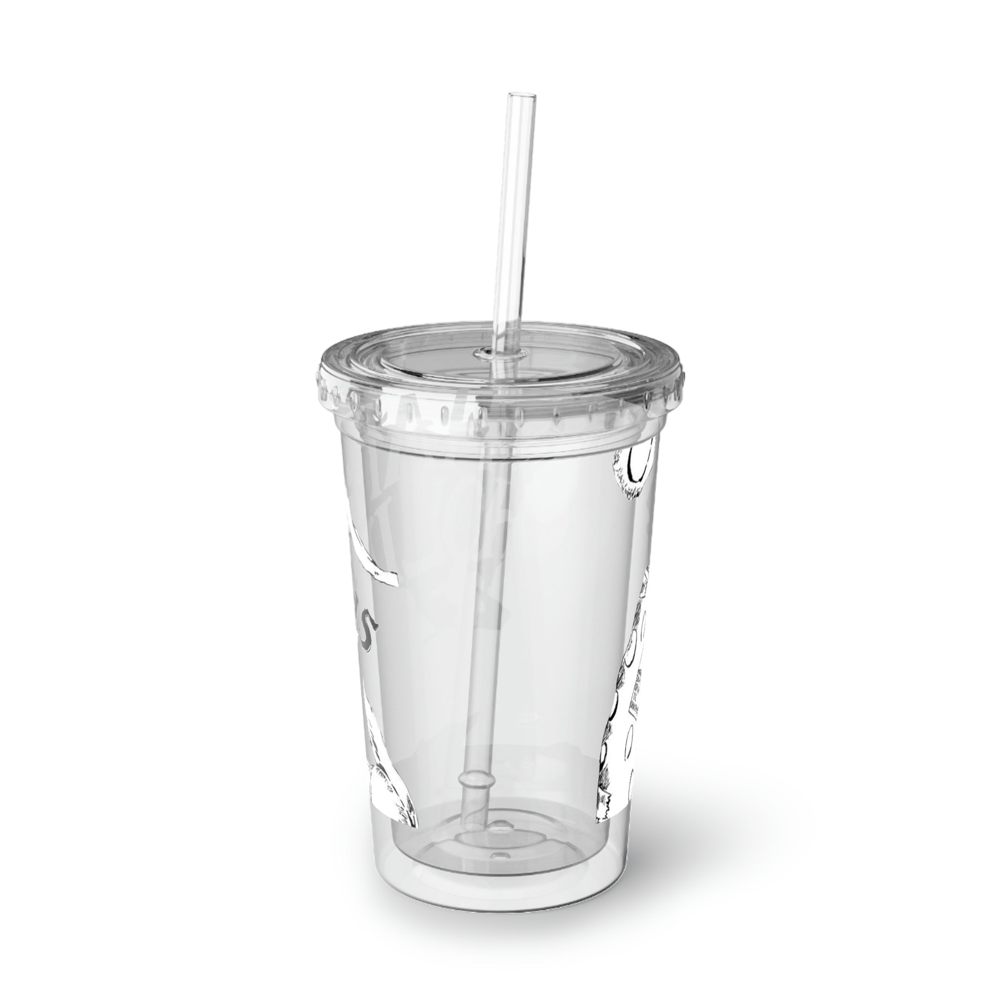 Happy Holidays Suave Acrylic Cup with double-wall insulation, featuring a vibrant design and a plastic lid with a straw.