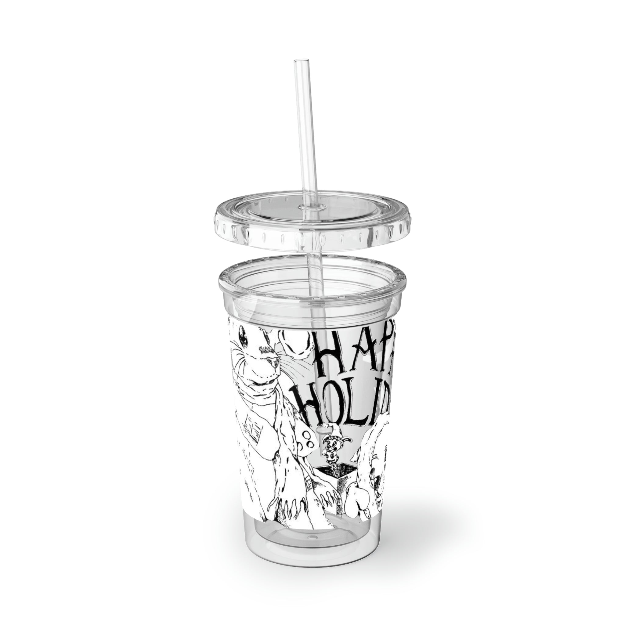 Happy Holidays Suave Acrylic Cup with double-wall insulation, featuring a vibrant design and a plastic lid with a straw.