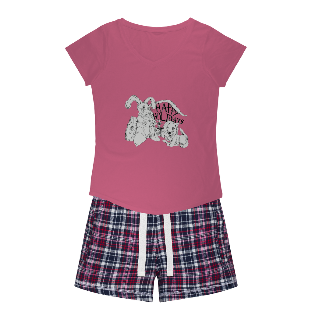 Happy Holiday's Women's Sleepy Tee and Flannel Short set featuring a relaxed fit T-shirt and colorful flannel shorts, perfect for cozy nights.