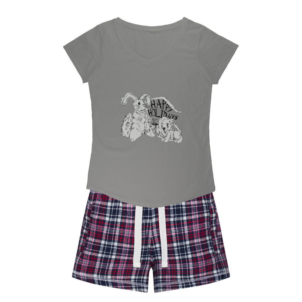 Happy Holiday's Women's Sleepy Tee and Flannel Short set featuring a relaxed fit T-shirt and colorful flannel shorts, perfect for cozy nights.