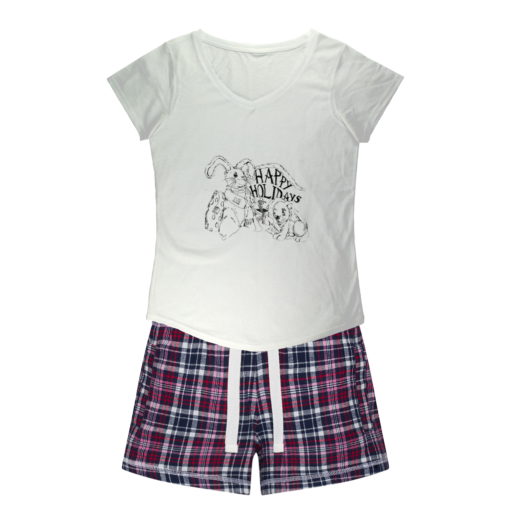 Happy Holiday's Women's Sleepy Tee and Flannel Short set featuring a relaxed fit T-shirt and colorful flannel shorts, perfect for cozy nights.