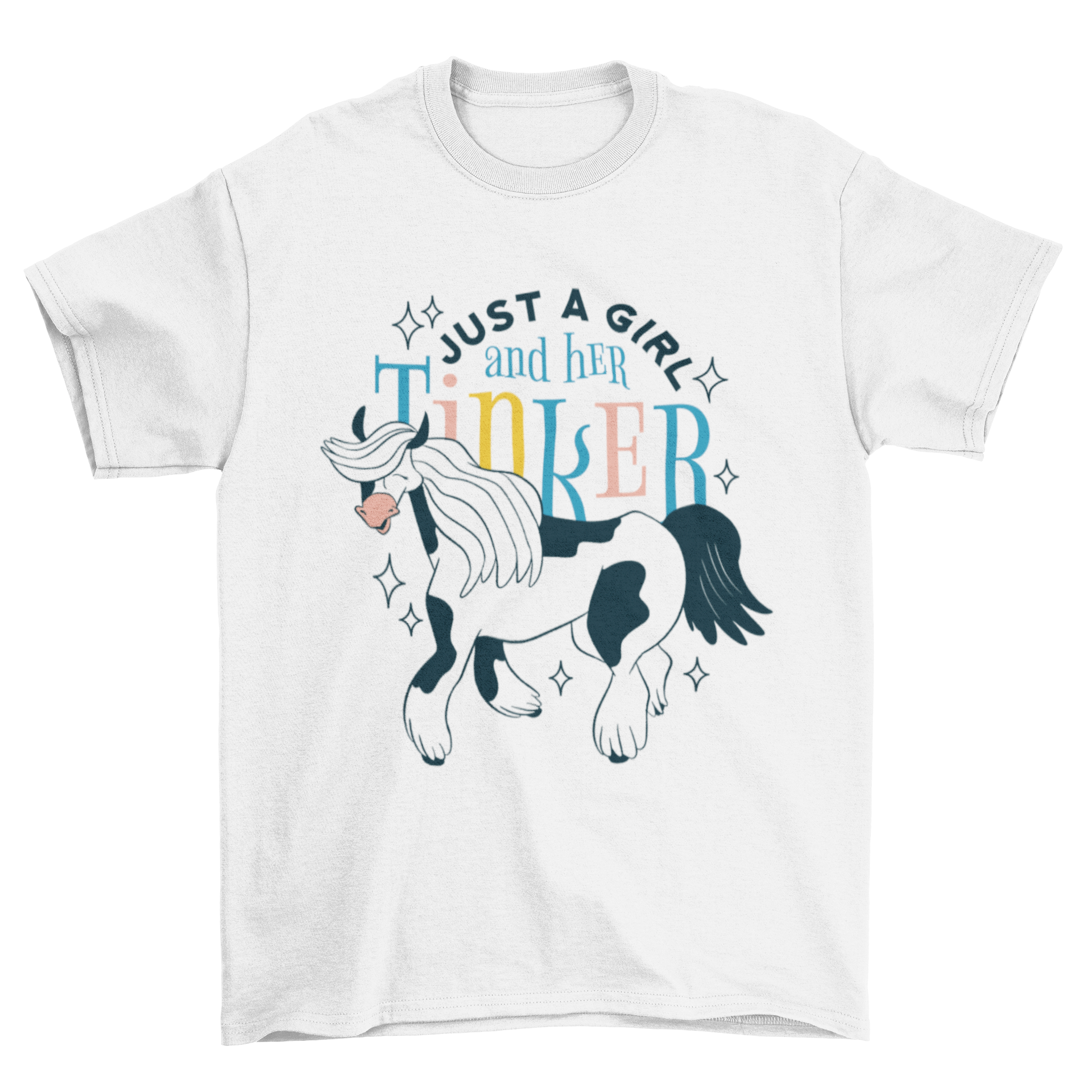 Happy horse cartoon animal t-shirt featuring a playful horse design and the quote 'Just a girl and her tinker'.