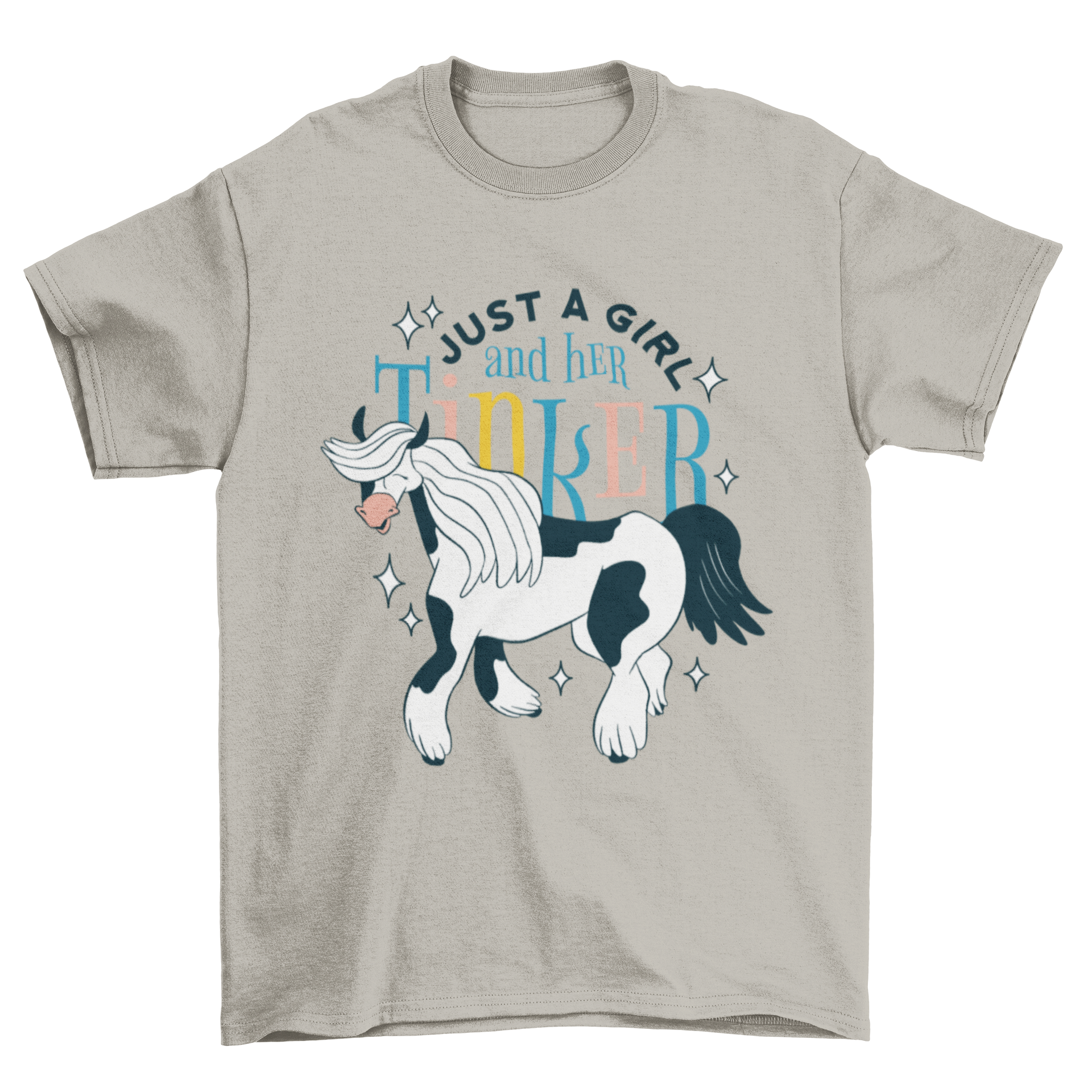 Happy horse cartoon animal t-shirt featuring a playful horse design and the quote 'Just a girl and her tinker'.