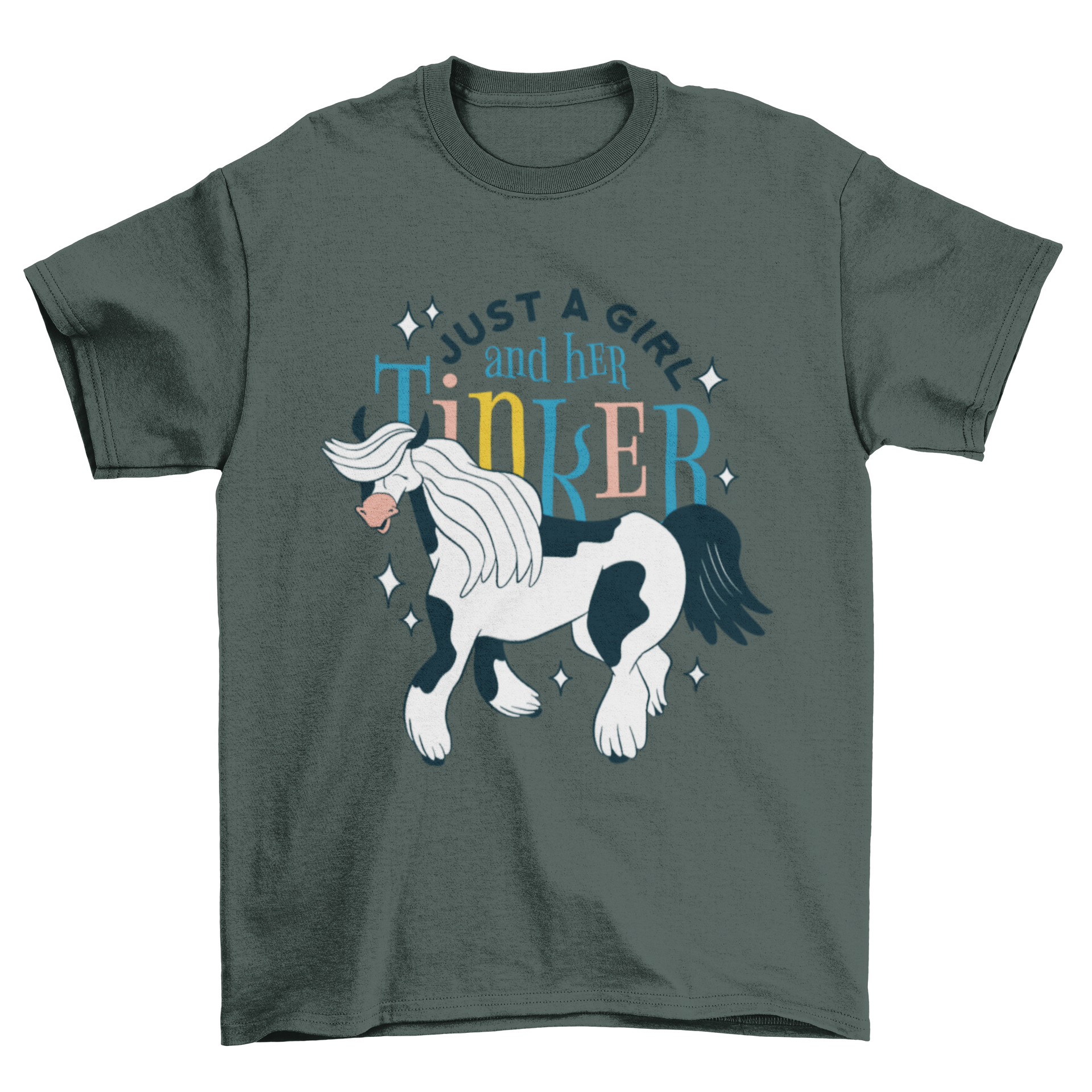 Happy horse cartoon animal t-shirt featuring a playful horse design and the quote 'Just a girl and her tinker'.