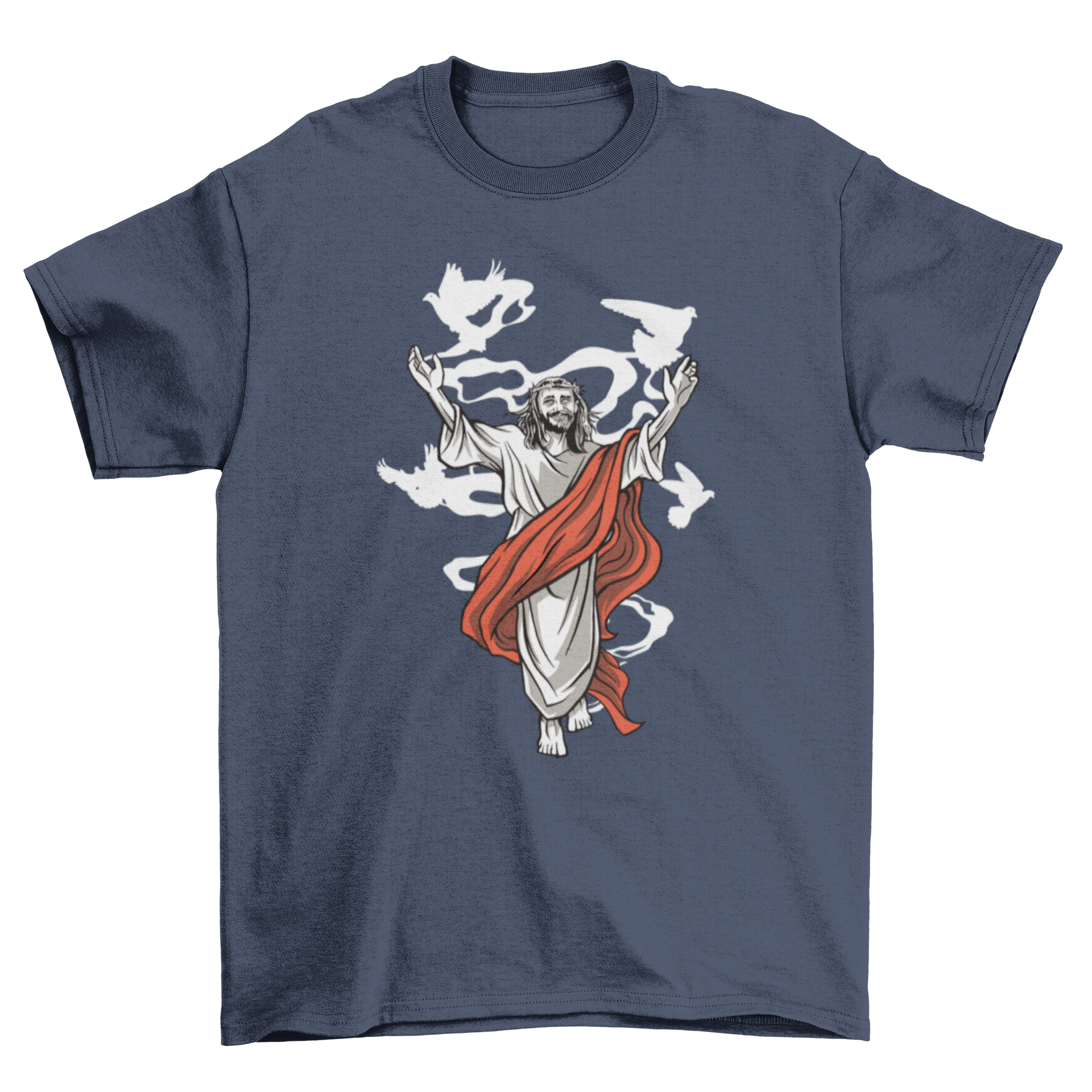 Happy Jesus T-shirt featuring a joyful Jesus illustration surrounded by white doves, perfect for casual wear.