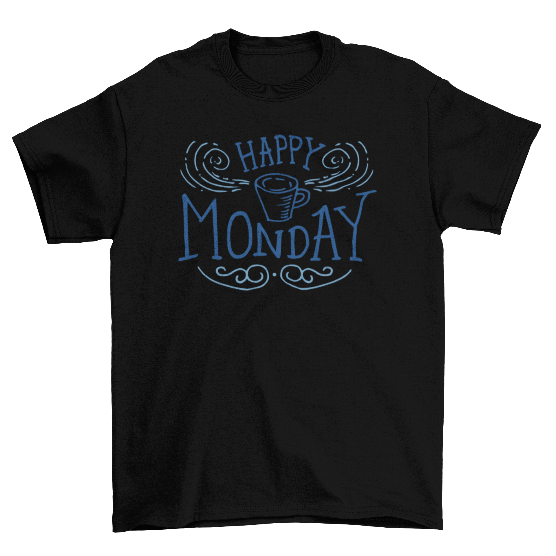 Happy Monday lettering t-shirt featuring stylish typography in white and blue tones, perfect for casual wear.