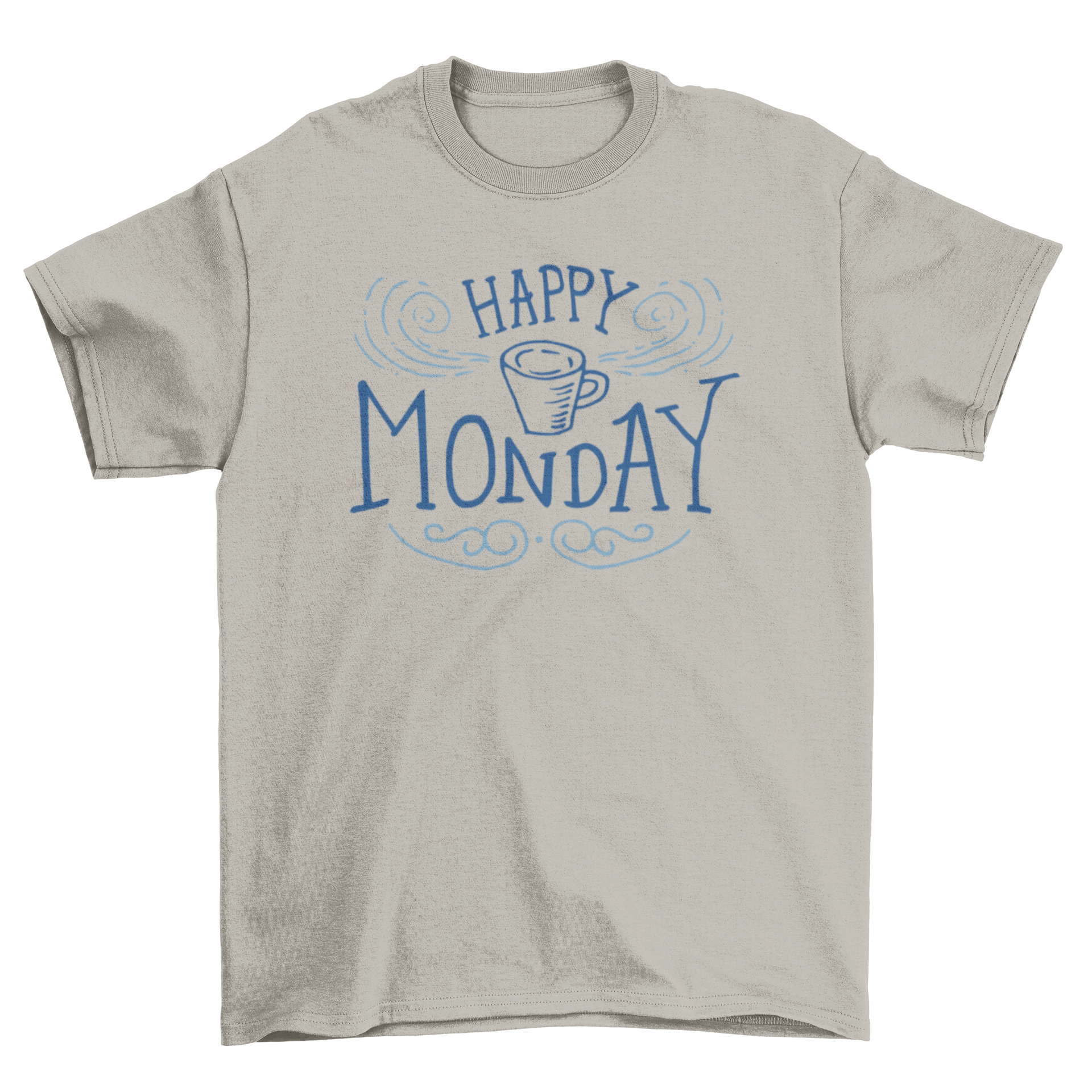 Happy Monday lettering t-shirt featuring stylish typography in white and blue tones, perfect for casual wear.