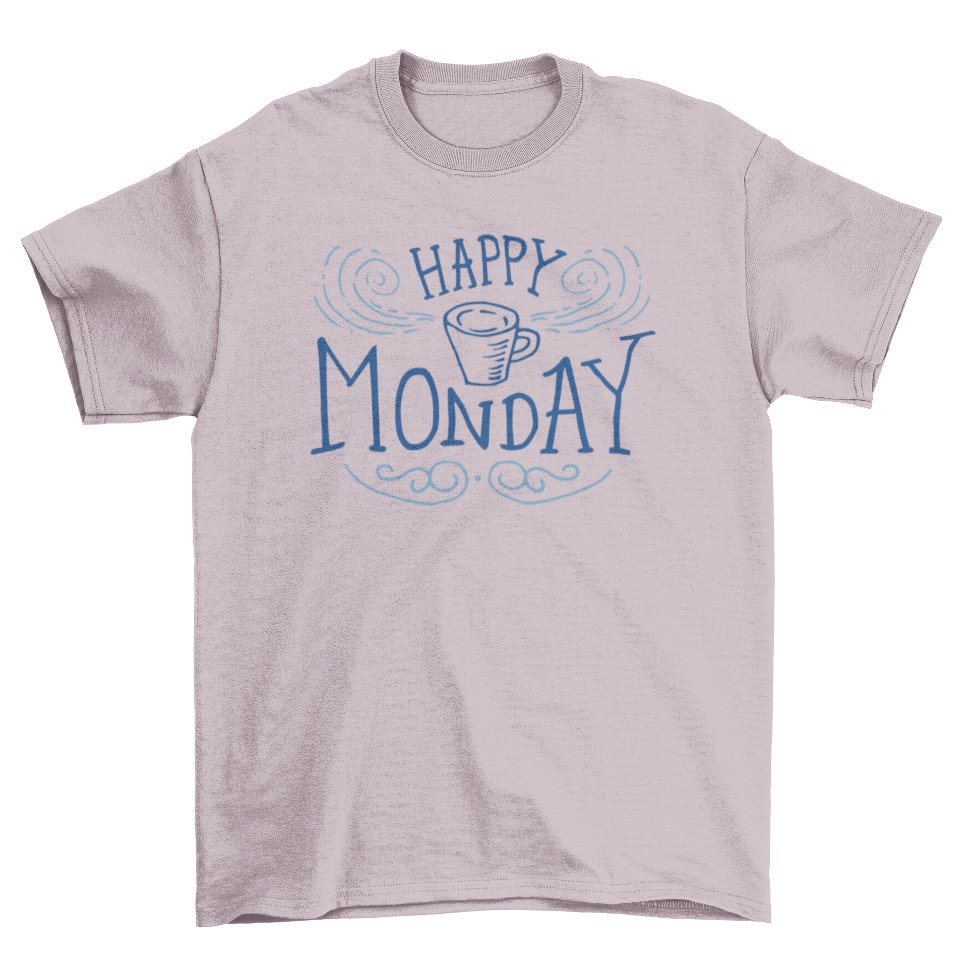 Happy Monday lettering t-shirt featuring stylish typography in white and blue tones, perfect for casual wear.