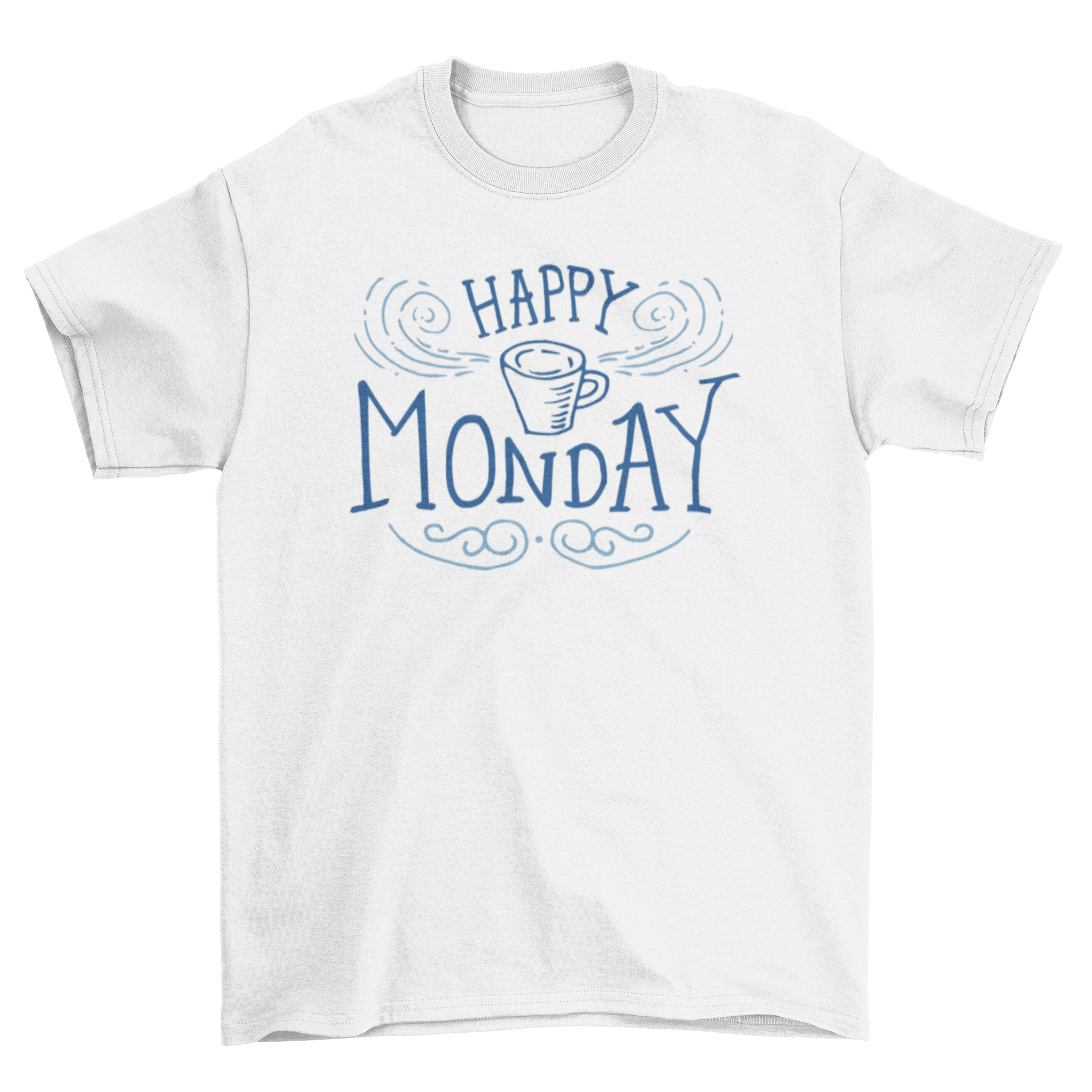 Happy Monday lettering t-shirt featuring stylish typography in white and blue tones, perfect for casual wear.