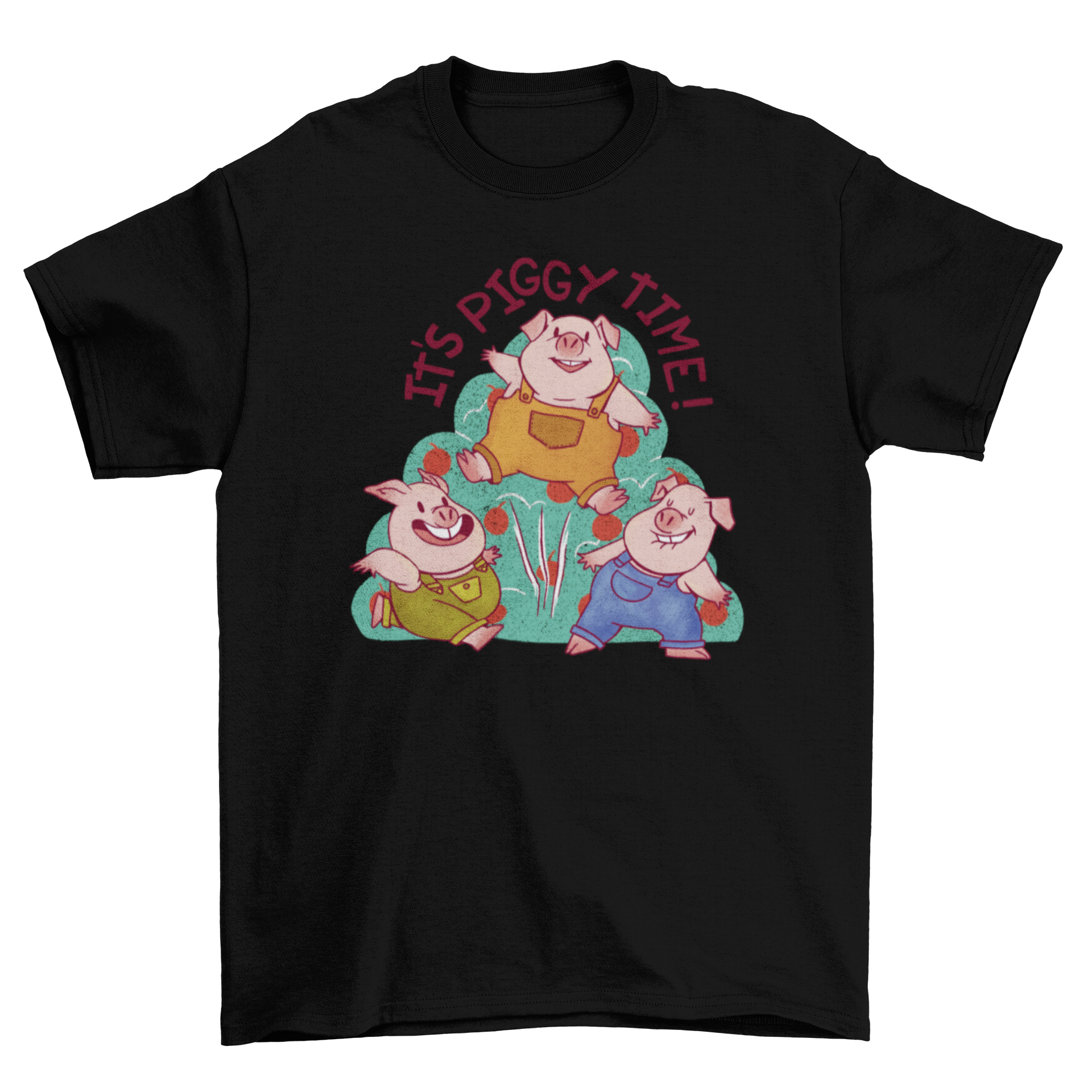 Cute t-shirt featuring three pigs in overalls with the quote 'It's piggy time', perfect for farm animal lovers.