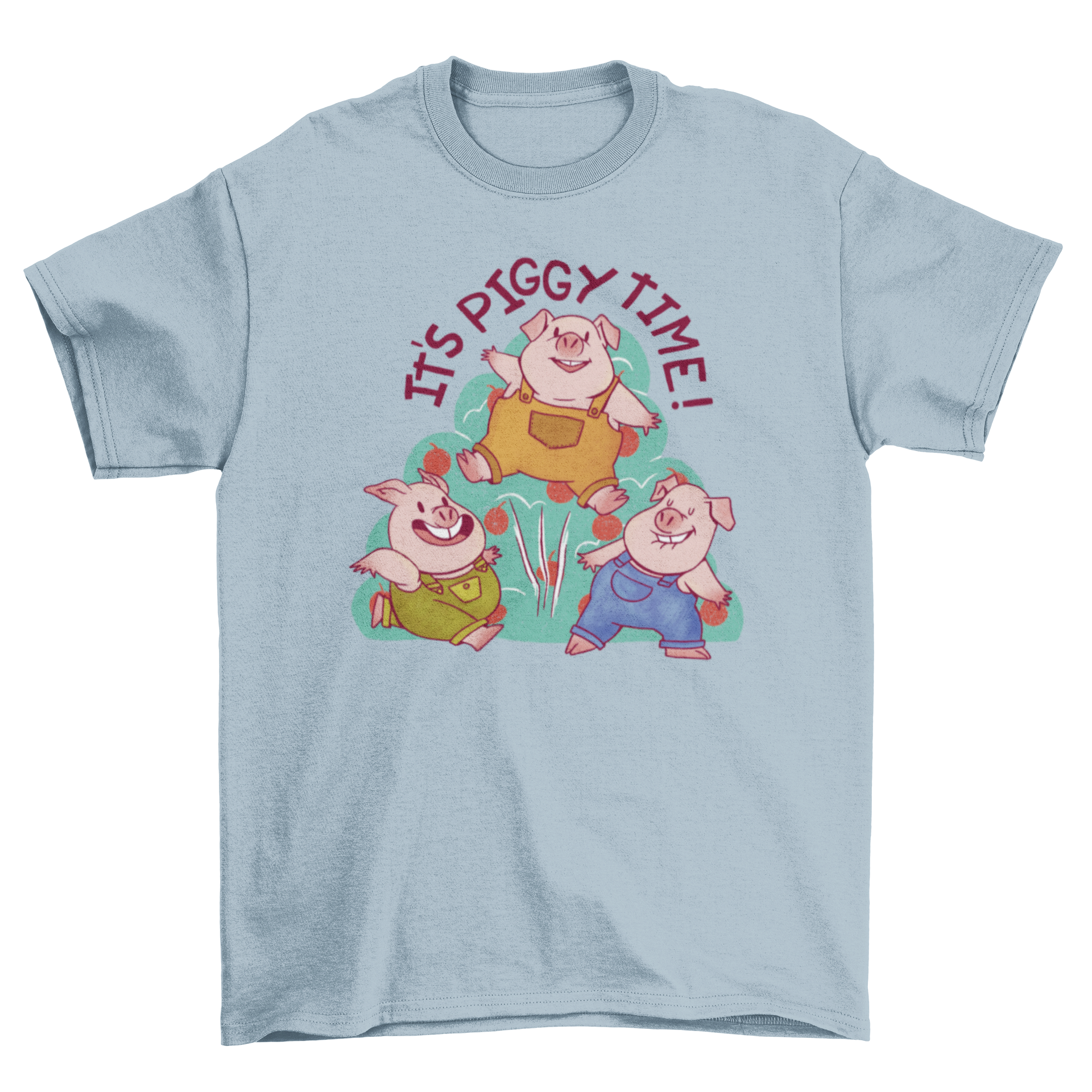 Cute t-shirt featuring three pigs in overalls with the quote 'It's piggy time', perfect for farm animal lovers.