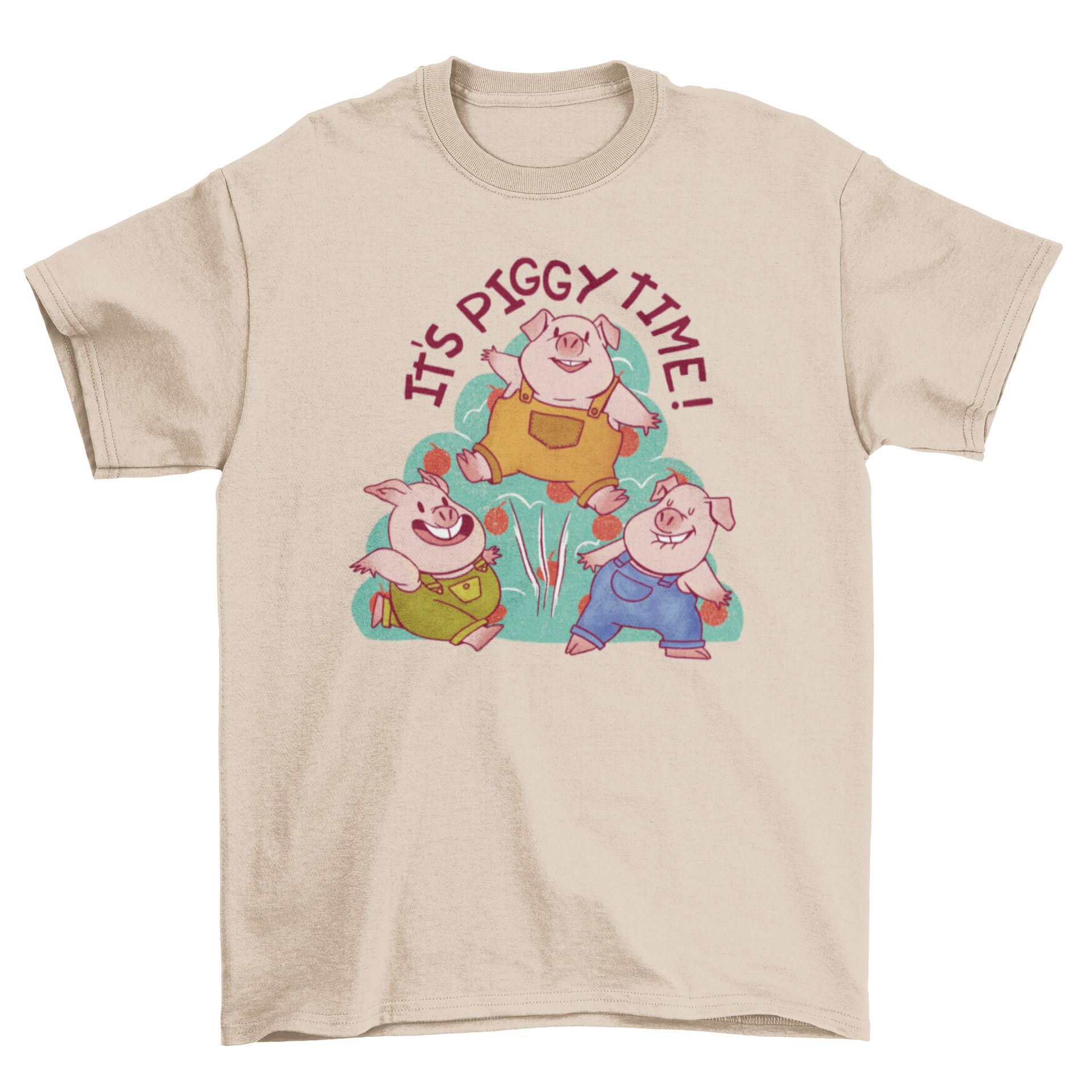 Cute t-shirt featuring three pigs in overalls with the quote 'It's piggy time', perfect for farm animal lovers.